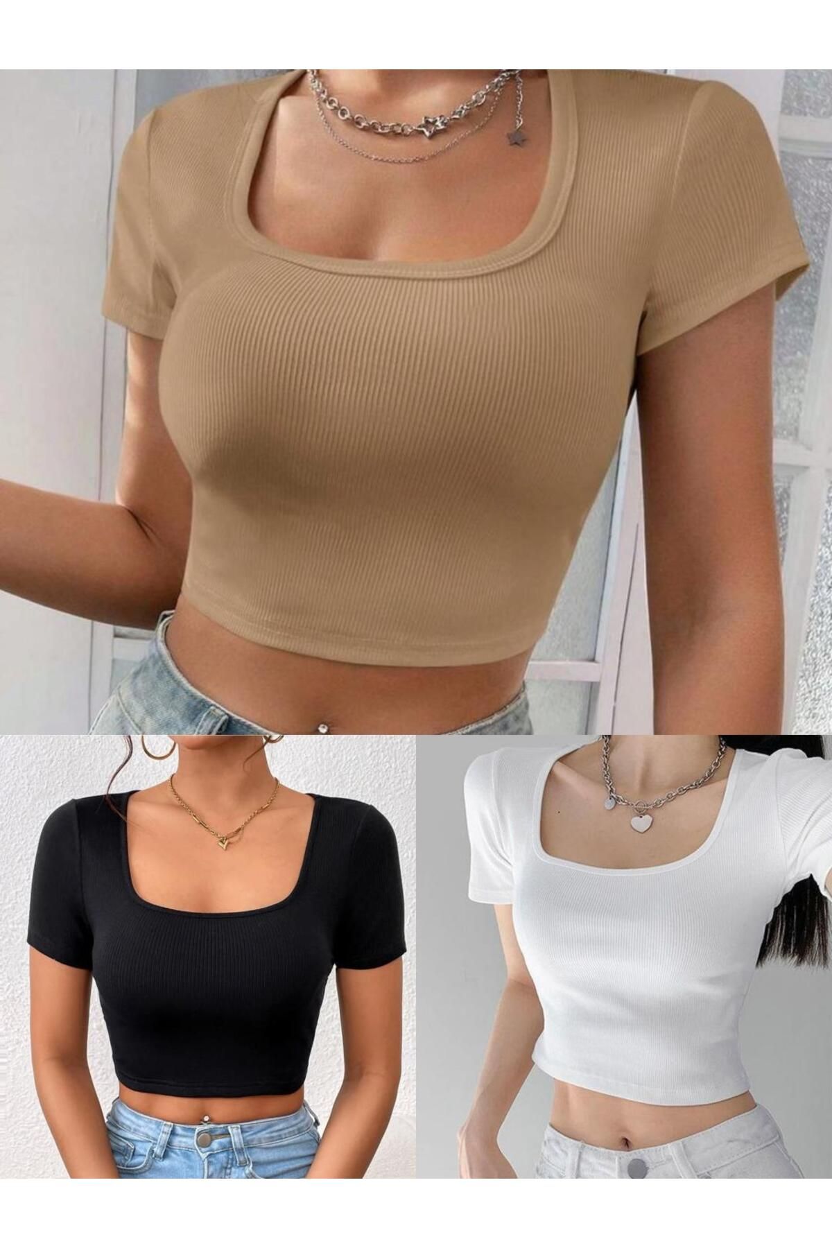 ÖZ PAMUK Kadın 3 Lü Adet Siyah Fitilli Pamuklu Örme Kare Yaka Crop T-shirt BLUZ