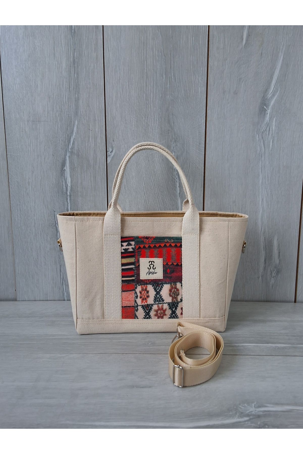 APSHE Krem Askılı Çıtçıtlı Astarlı Ayarlanabilir Askılı Etnik Desen Krem Kanvas Kadın Tote Bag Çanta