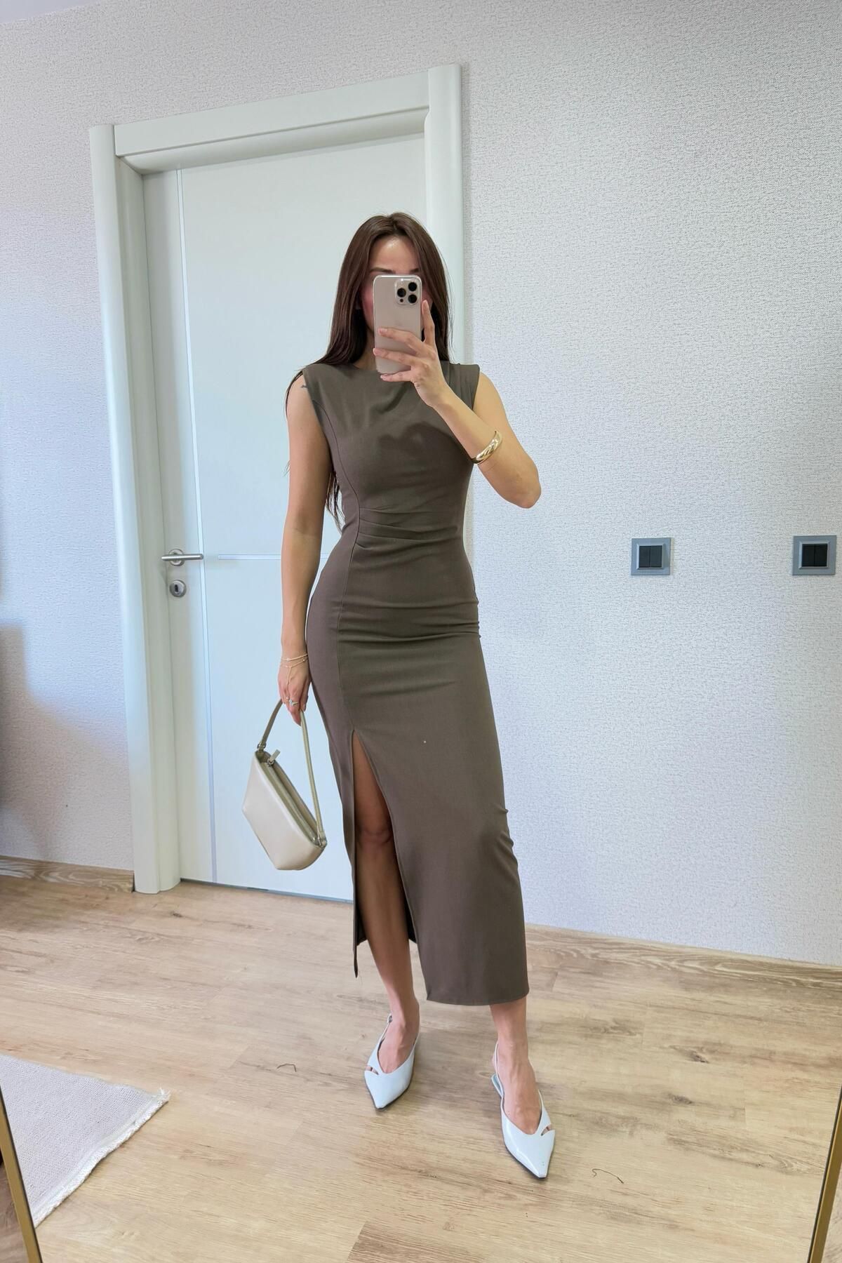 FMN Butik tasarım marka muadil bele oturan midi yırtmaçlı vatkalı sıfır kol pinterest model uzun şık elbise