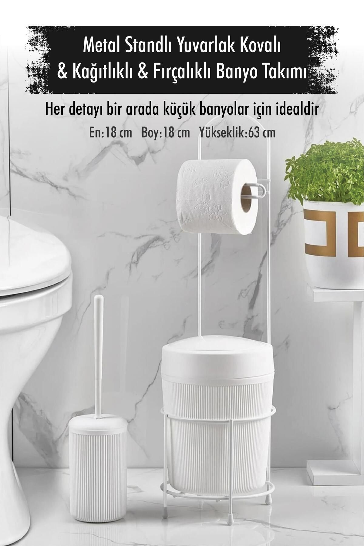 Serero Metal Standlı Yuvarlak Kovalı & Kağıtlıklı & Fırçalıklı Beyaz Banyo Takımı