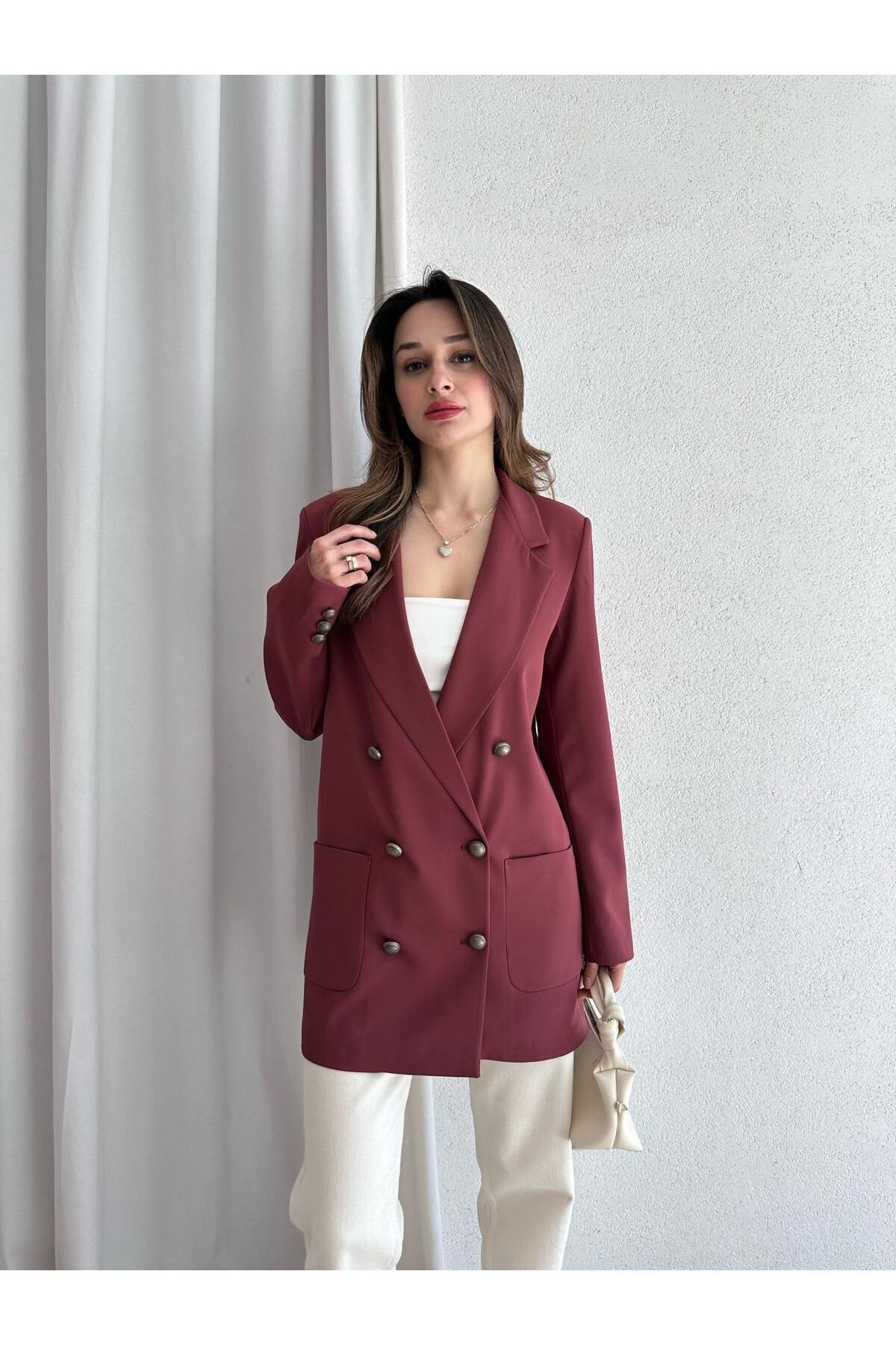 BUTİK ELAJ Kadın Bordo Torbacep Kruvaze Blazer Ceket