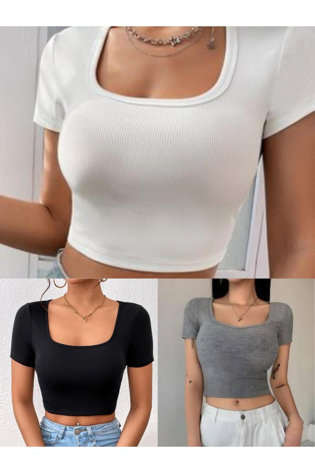 ÖZ PAMUK Kadın 3 Lü Adet Siyah Fitilli Pamuklu Örme Kare Yaka Crop T-shirt BLUZ