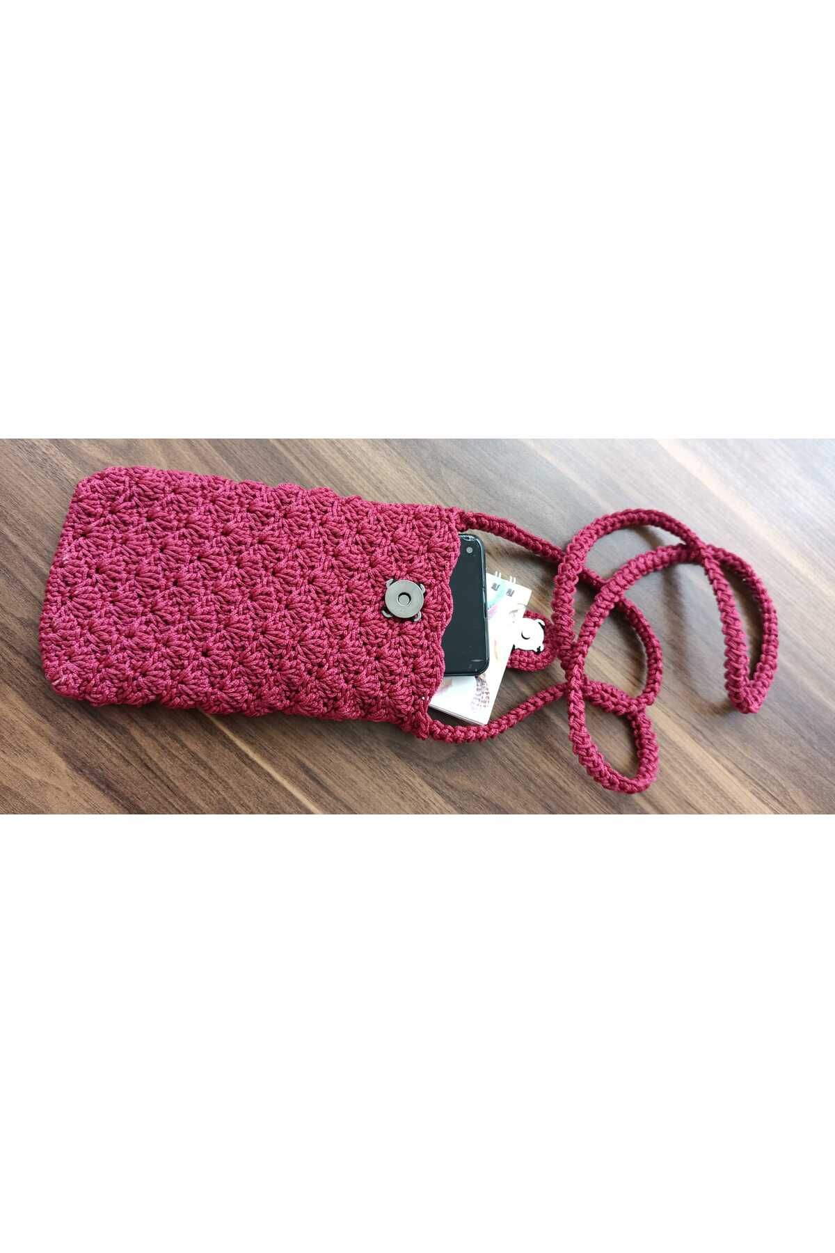 BLUE ROSE BİJUTERİ ÖRME TELEFON ÇANTASI BORDO