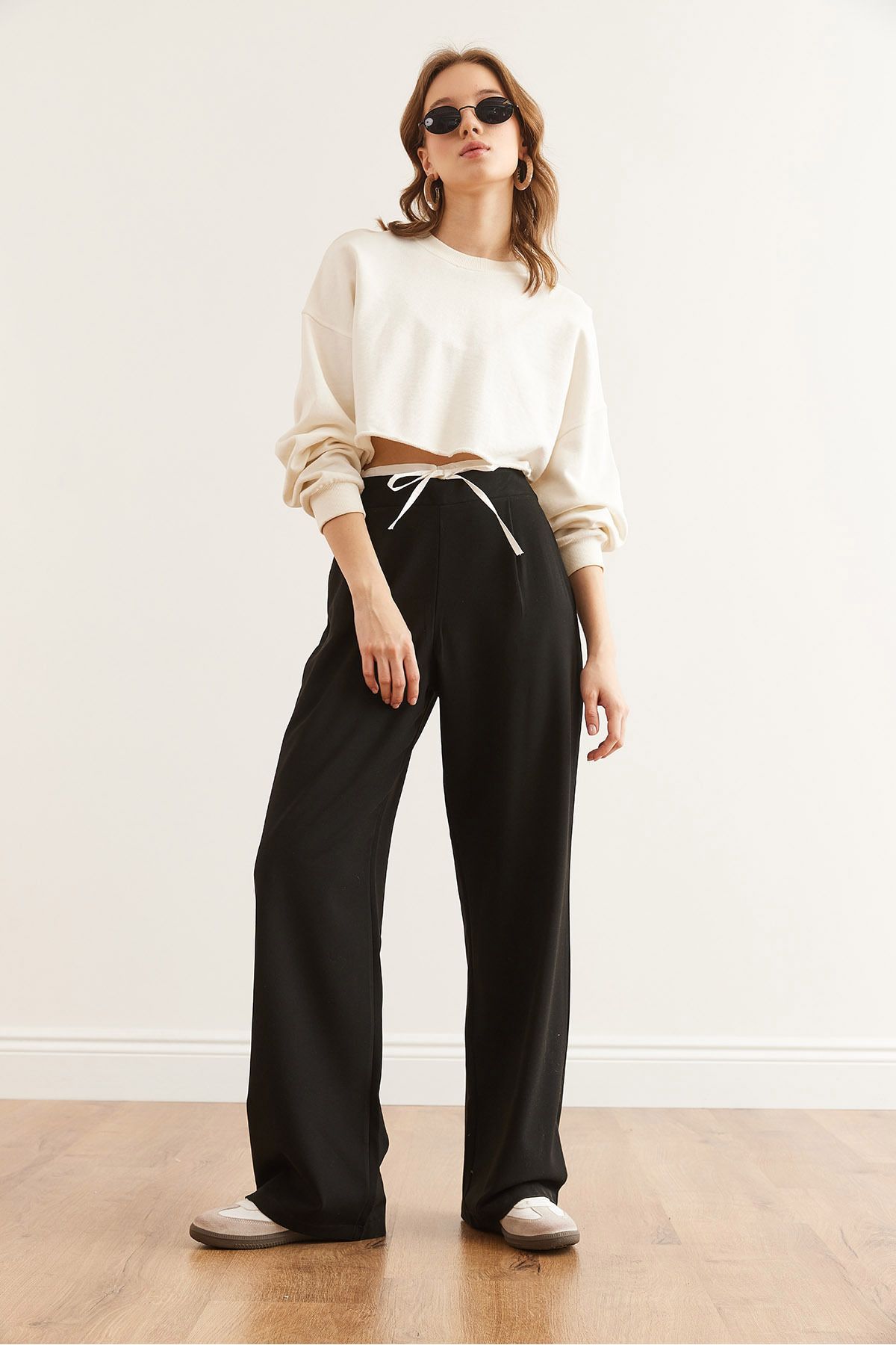Olalook-Women's Black Boxer Detailed Drawstring Palazzo Pants Pnt- 19000315 6