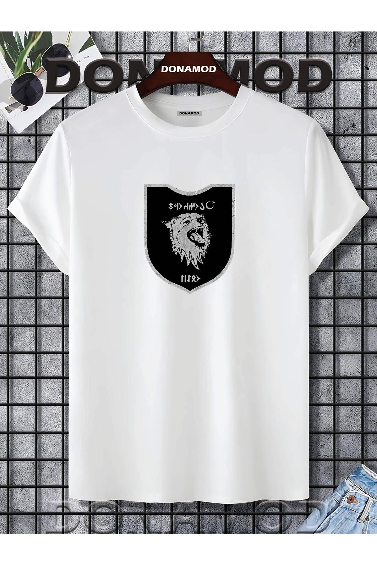 donamod Siyah Beyaz Türk Göktürkçe Alfabe Eski Türkçe Kurt Osmanlı Kökbörü Bozkurt Atatürk Tişört T shirt