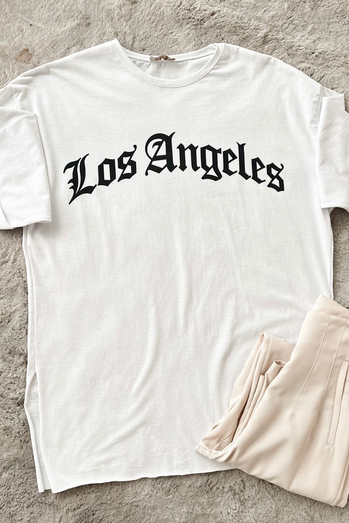 ModaAycan Los Angeles Baskılı Beyaz T-Shirt MA12834