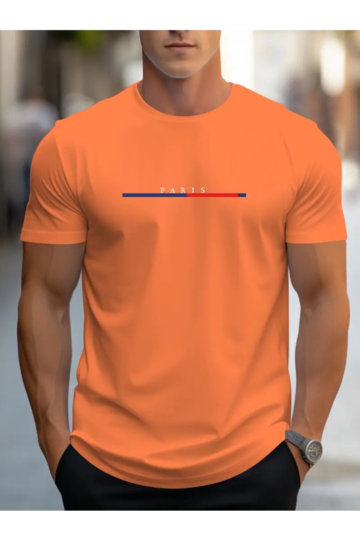 NEW TRENDY COLLECTİON Erkekler için Trend Paris Bayrağı Esinlenmiş Baskılı Tişört