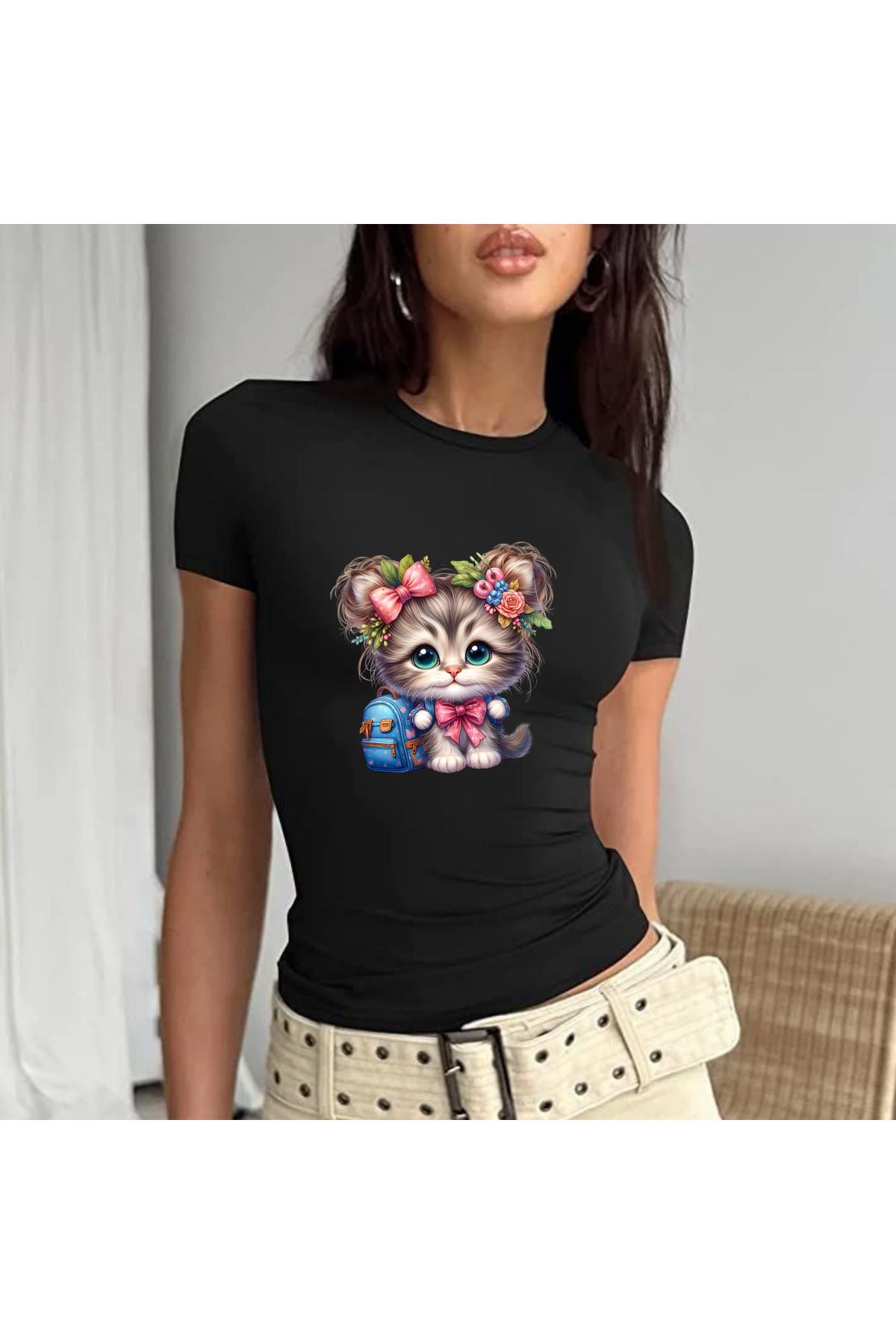 JadenJoy Topuzlu Kedicik Figürlü Beyaz Baby Tee Crop