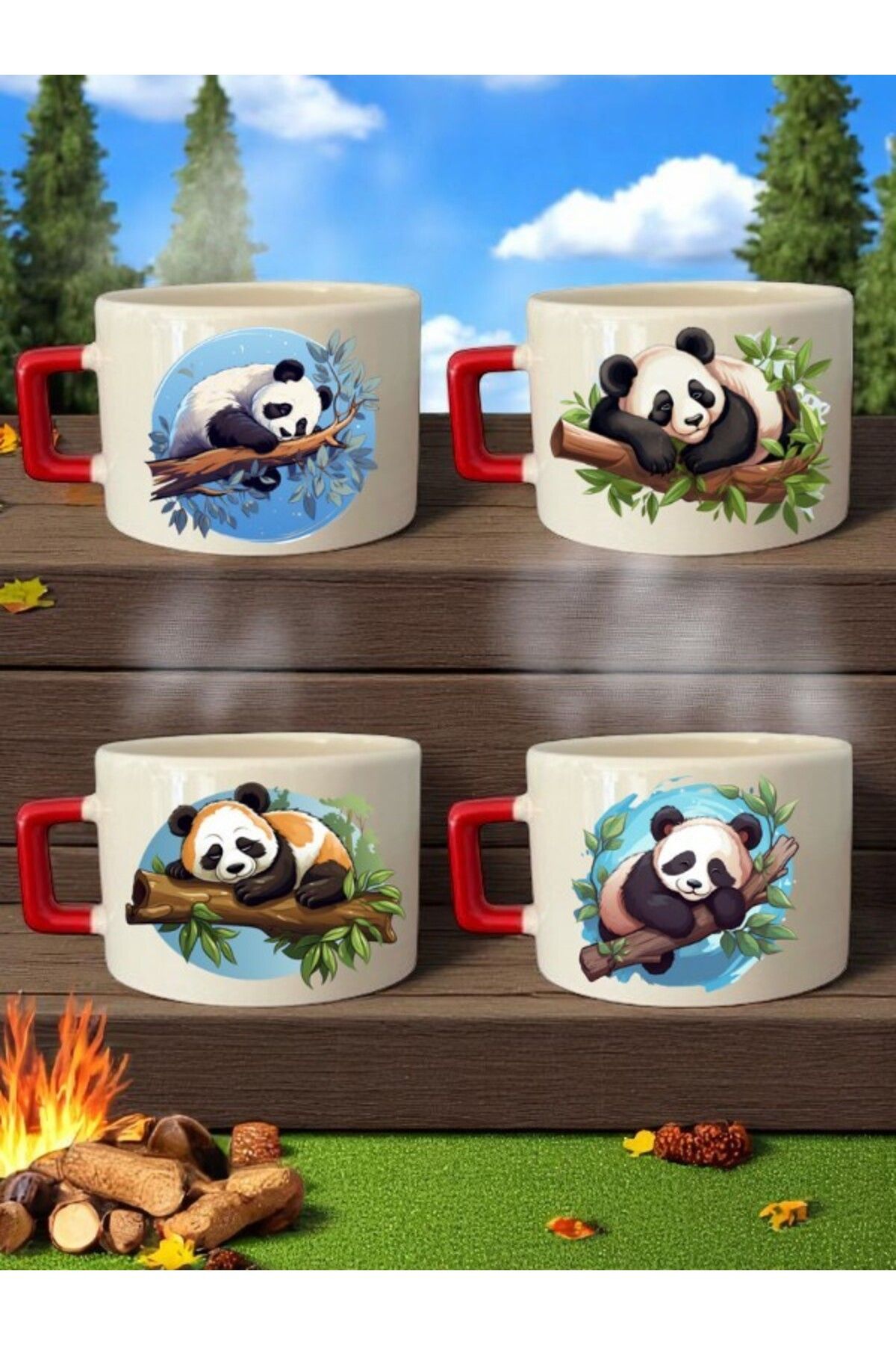 lili hediyelik Panda Baskılı 4'lü Fincan - Seramik Kupa Bardak Hediyelik Eşya Ürün
