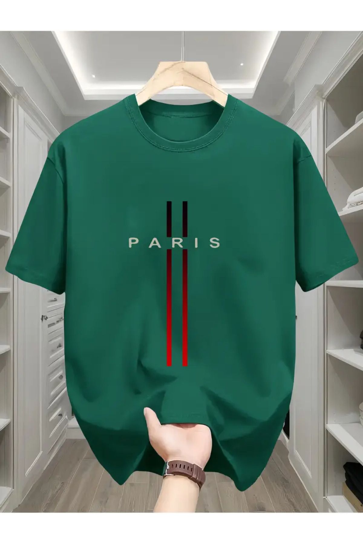 NEW TRENDY COLLECTİON Erkekler için %100 Pamuk Paris Bayrağı Harf Geometrik Baskılı Tişört