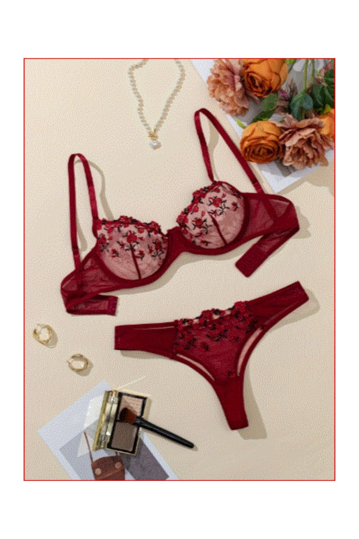 modares Çiçekli Nakışlı Dantel Fantazi Sütyen Kilot İç Giyim - Fantazi Gecelik - Tanga - Transparan Lingerie