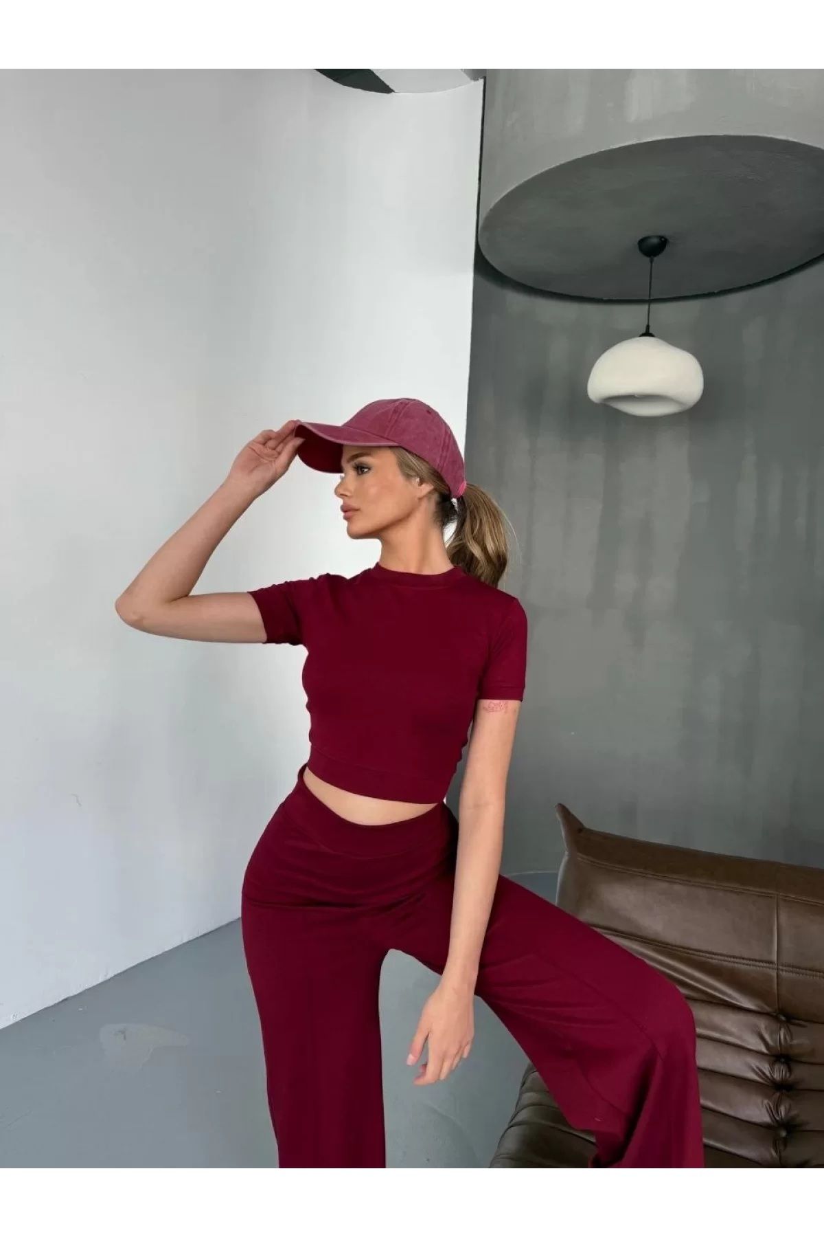 MERSSE Osy Modal Yumuşak Dokulu Kumaş Kısa Kollu Crop Rahat Pantalon ikili Takım-Bordo