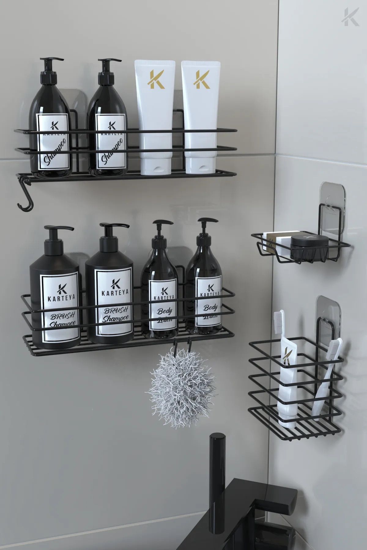 Le Touche Banyo Rafı Düzenleyici Paslanmaz Yapışkanlı Siyah Duş Metal Set Kancalı Sabunluk Diş Fırçalık Rafı