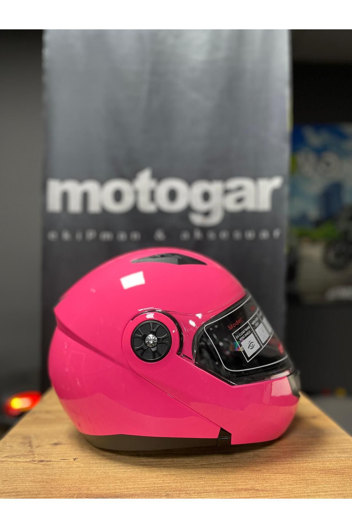 WOSEN GÜNEŞ VİZÖRLÜ PEMBE ÇENE AÇILIR MOTOSİKLET KASKI