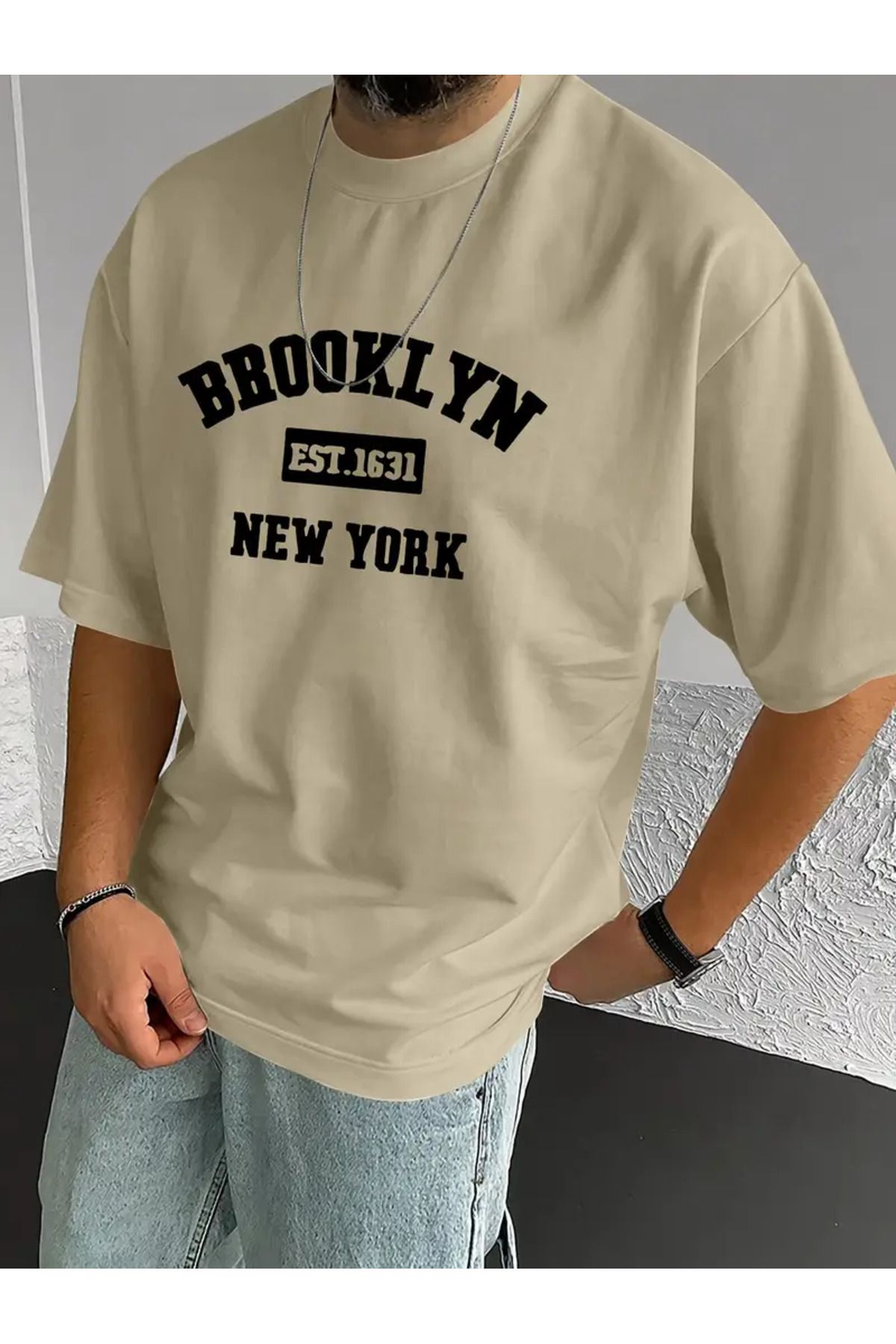 NEW TRENDY COLLECTİON Erkek Brooklyn New York Grafik Tişört