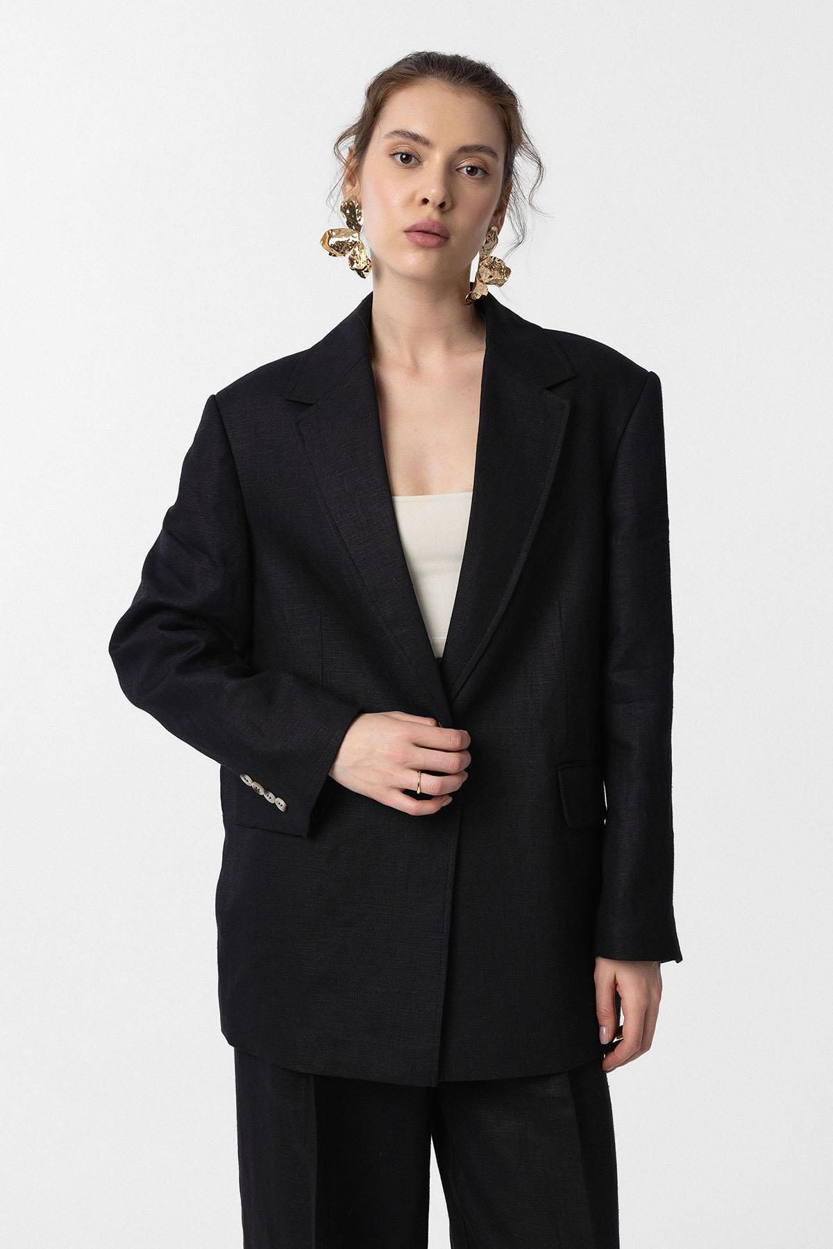 Antioch Siyah 100% Keten Kadın Blazer Ceket