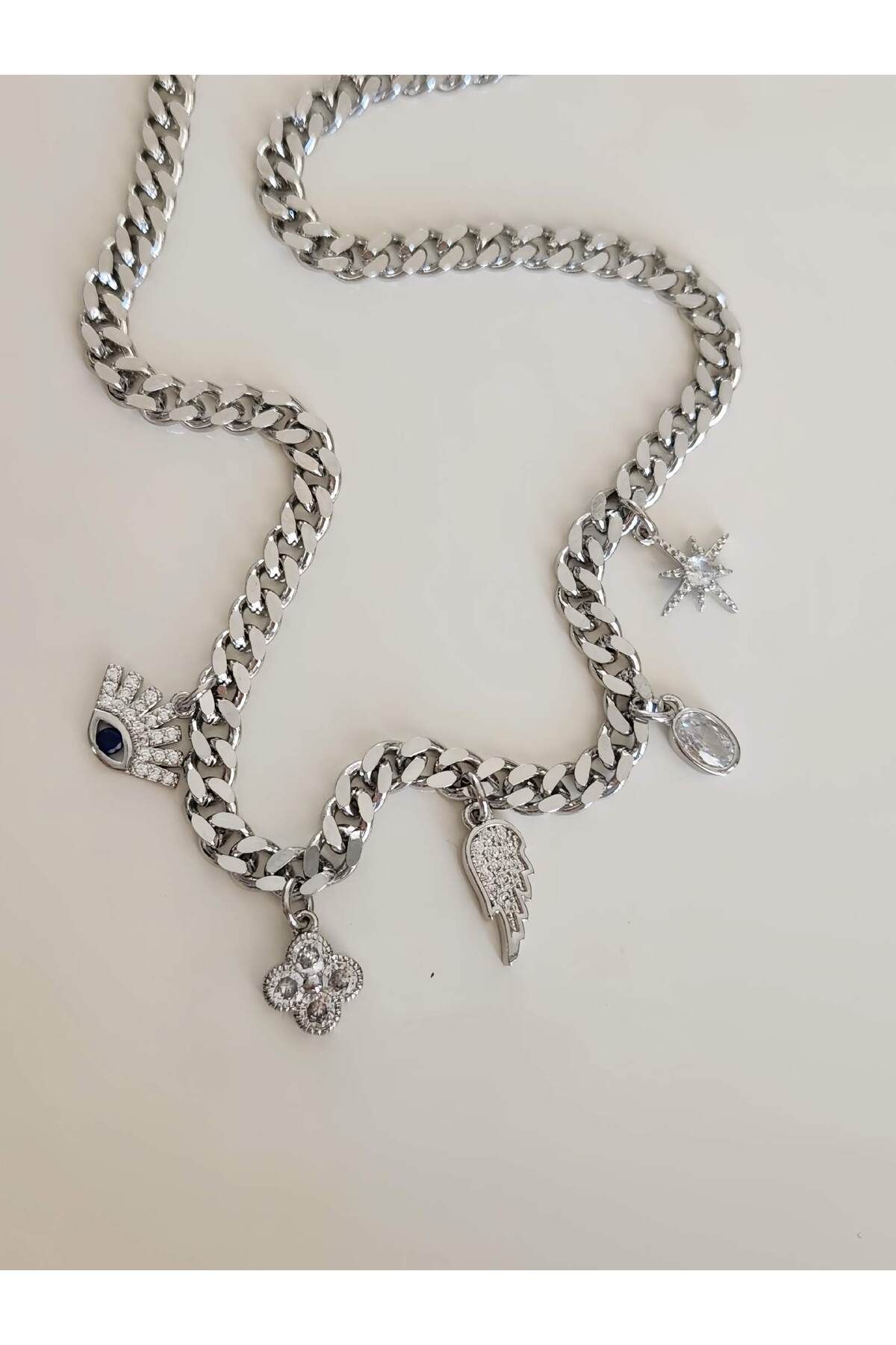 Eva Takı Store Nazar Kanat Yonca Kutup Yıldızı Figürlü Gurmet Zincir Model Silver Kolye