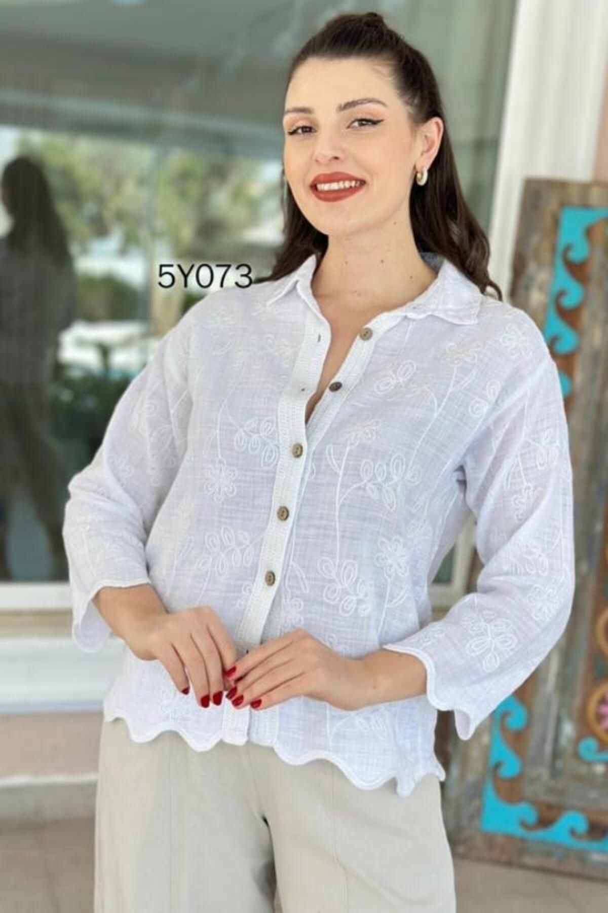 Seviliko Kadın Keten Gömlek Süzene Çiçek Nakışlı Pamuk