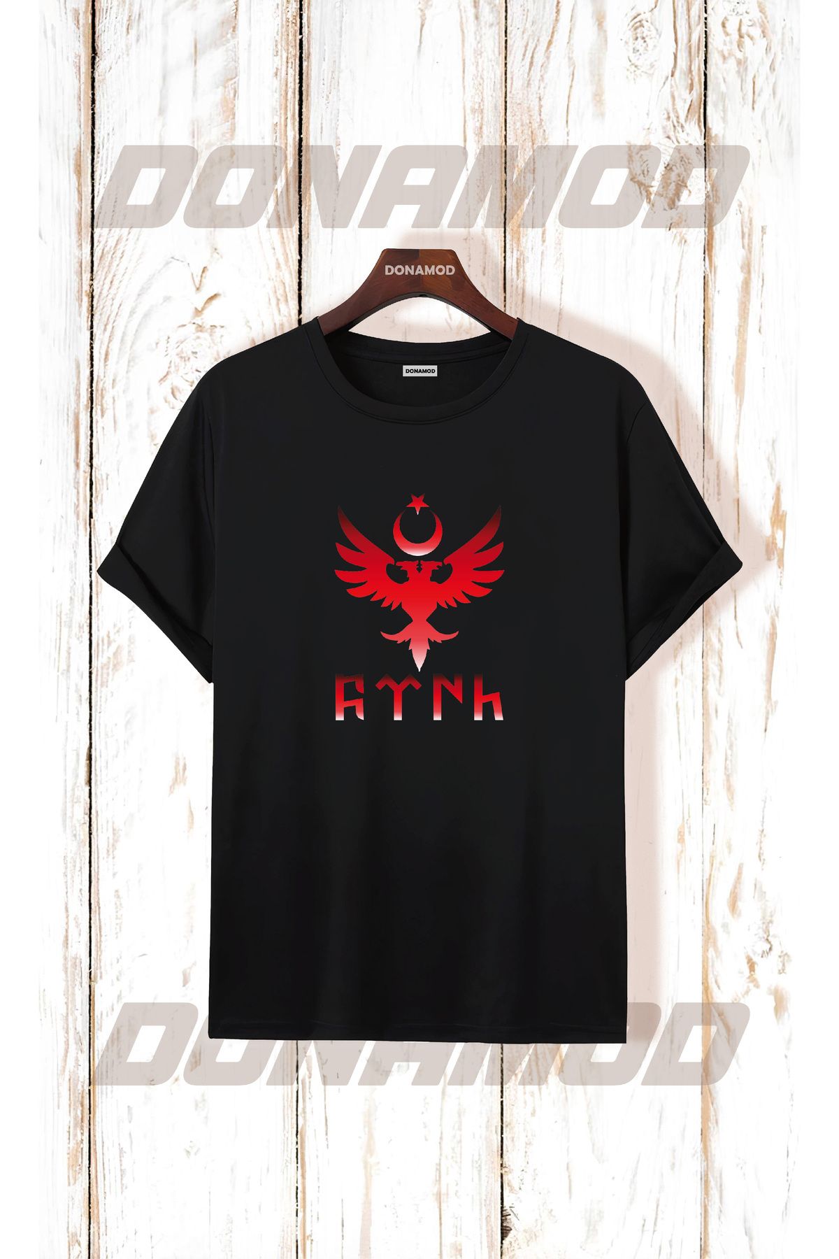 donamod Siyah Beyaz Türk Göktürkçe Alfabe Eski Türkçe Kurt Osmanlı Kökbörü Bozkurt Atatürk Tişört T shirt