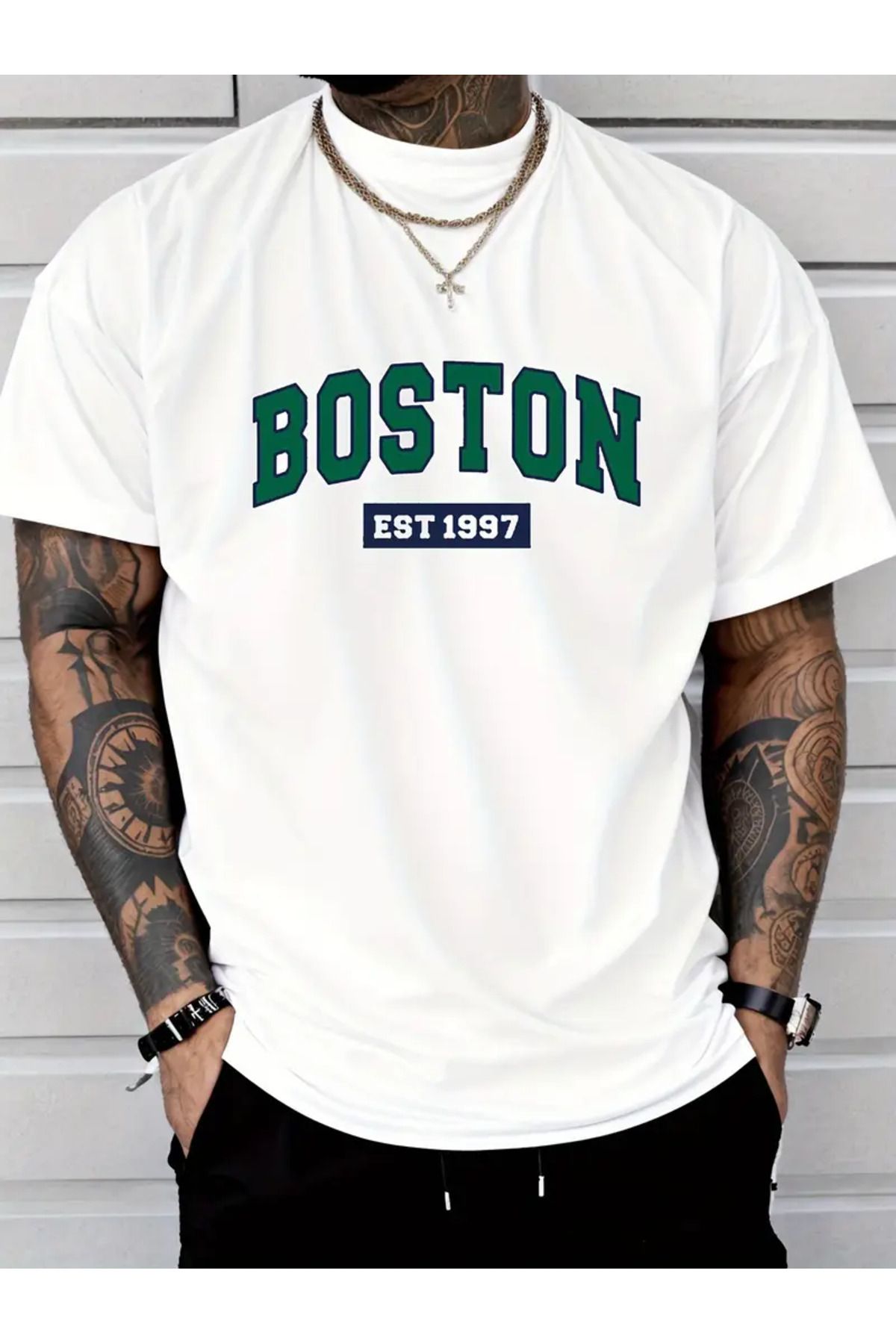 NEW TRENDY COLLECTİON Erkekler için Boston Est. 1997 Grafik Baskılı T-Shirt