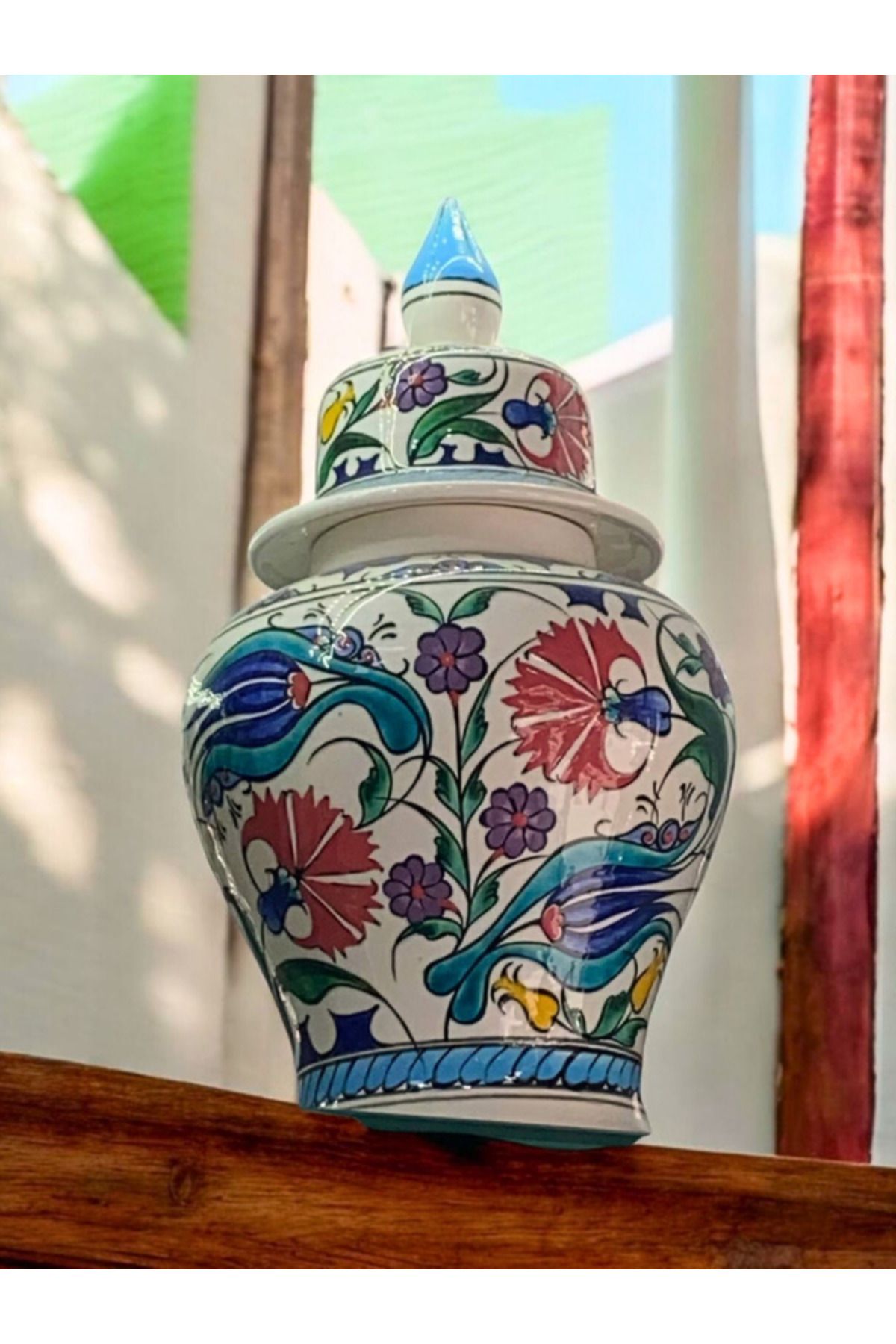 Loremp Hediyelik Dekoratif El Yapımı Osmanlı Tarzı Çini Desenli Seramik Kapaklı Vazo 35 cm