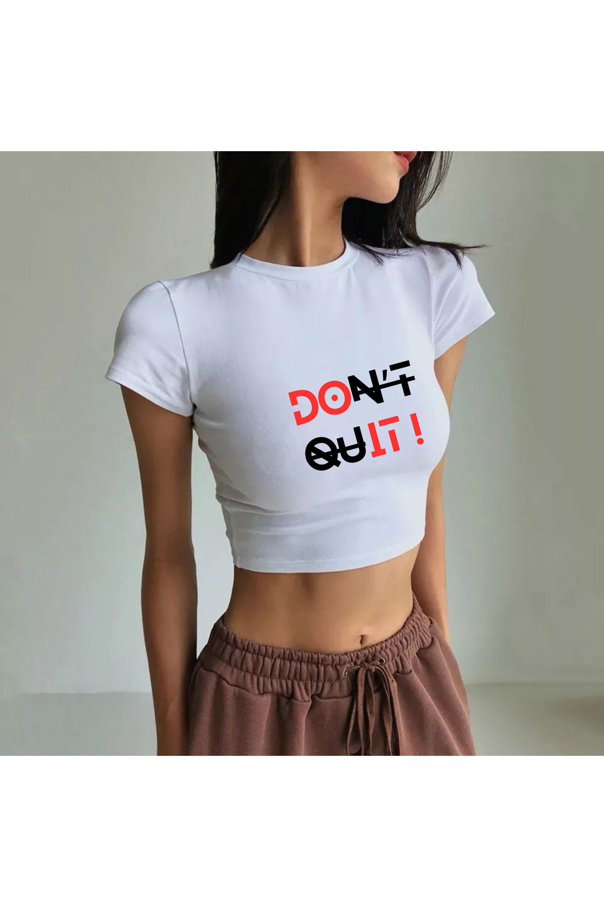 JadenJoy Dont Quit Yazı Desenli Beyaz Crop
