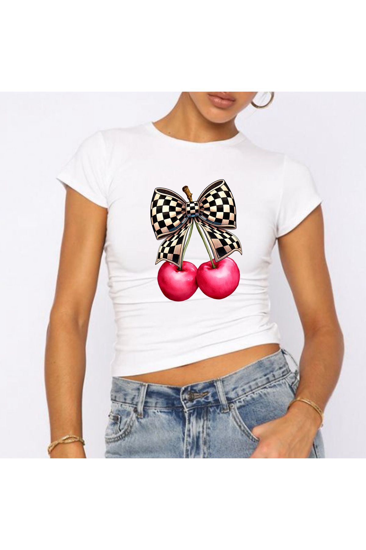 JadenJoy Fiyonklu Cherry Kiraz Figürlü Beyaz Baby Tee Crop