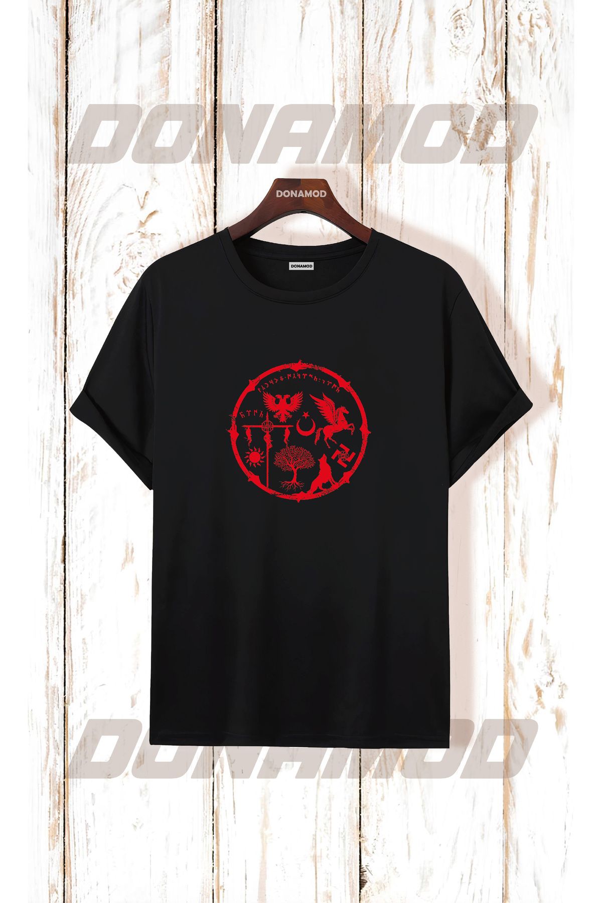 donamod Siyah Beyaz Türk Göktürkçe Alfabe Eski Türkçe Kurt Osmanlı Kökbörü Bozkurt Atatürk Tişört T shirt