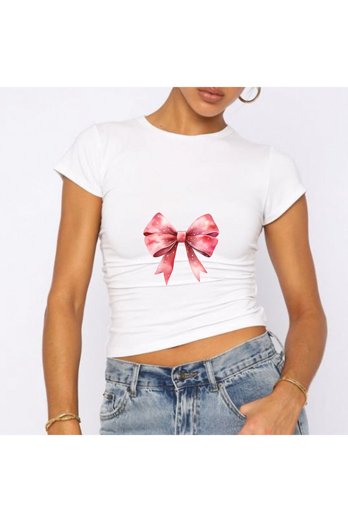 JadenJoy Pembe Fiyonk Figürlü Beyaz Baby Tee Crop