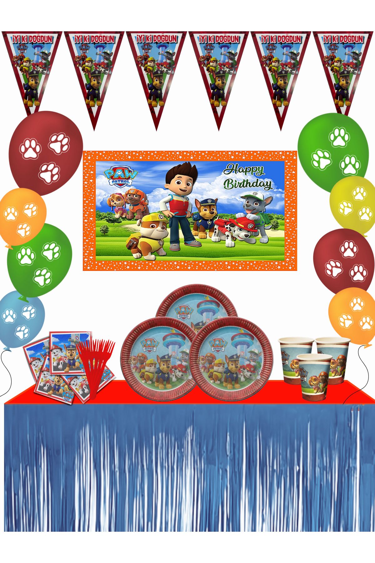 snowparty Paw Patrol Paw Petrol Afişli Masa Etekli Doğum Günü Parti Malzemeleri Süsleri Seti