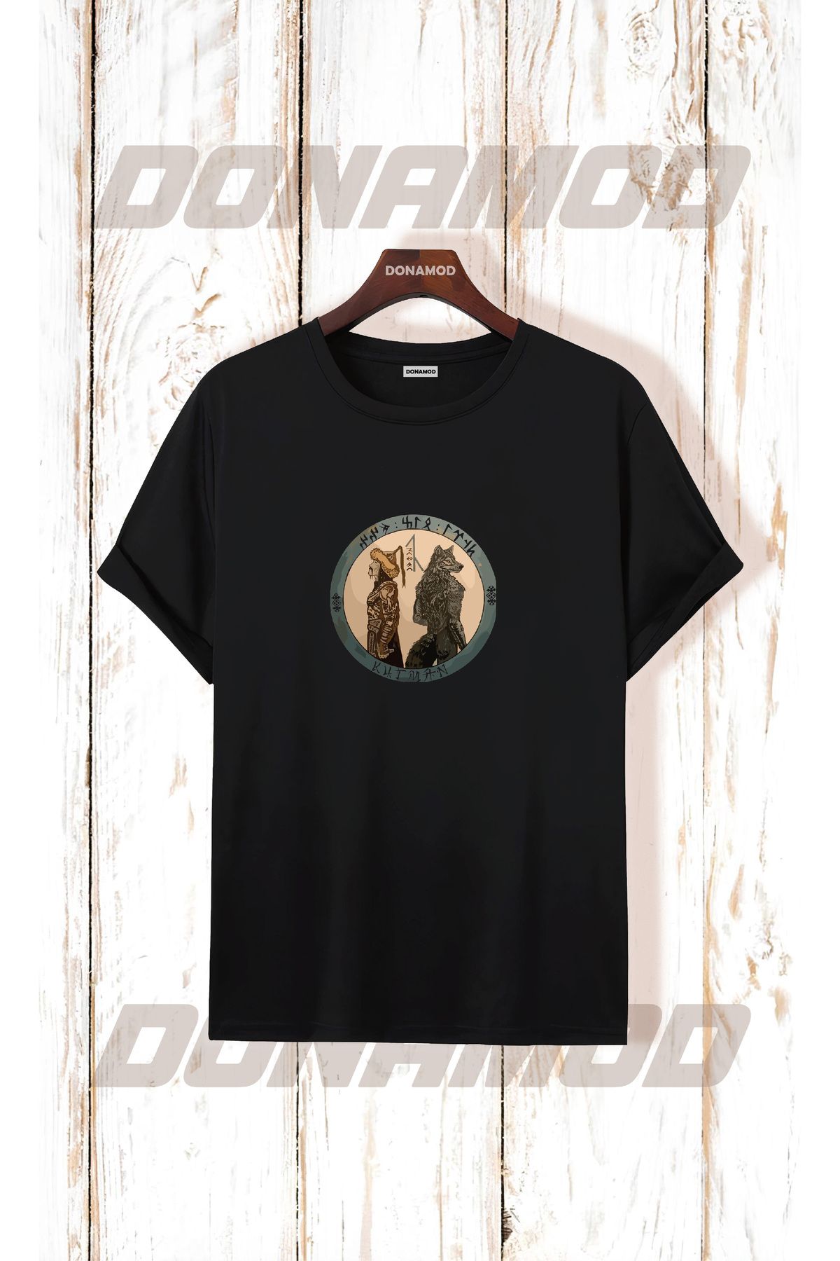 donamod Siyah Beyaz Türk Göktürkçe Alfabe Eski Türkçe Kurt Osmanlı Kökbörü Bozkurt Atatürk Tişört T shirt
