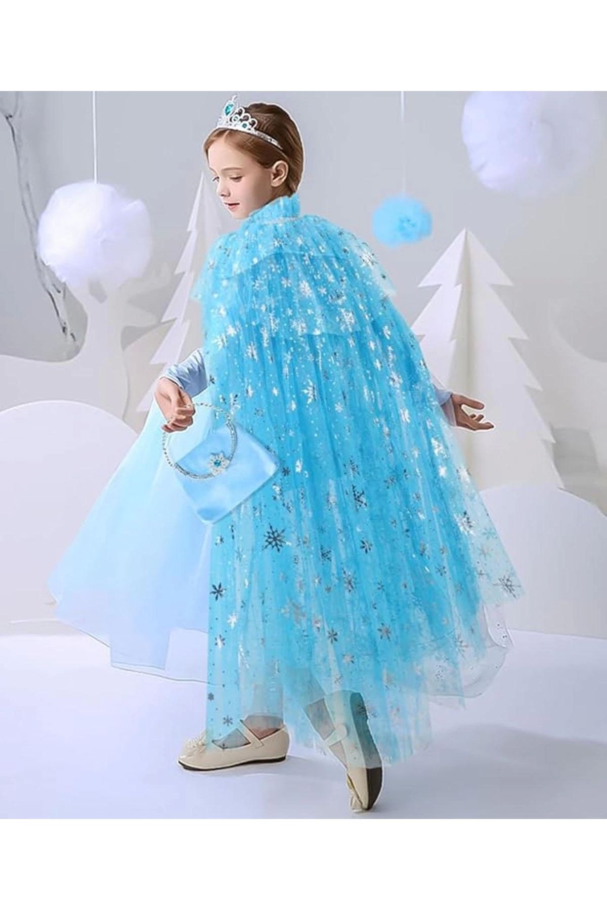 Nemere Karlar Ülkesi Elsa Frozen Mavi Pelerin 80 Cm Kar Desenli Çocuk Pelerini Taç Hariç