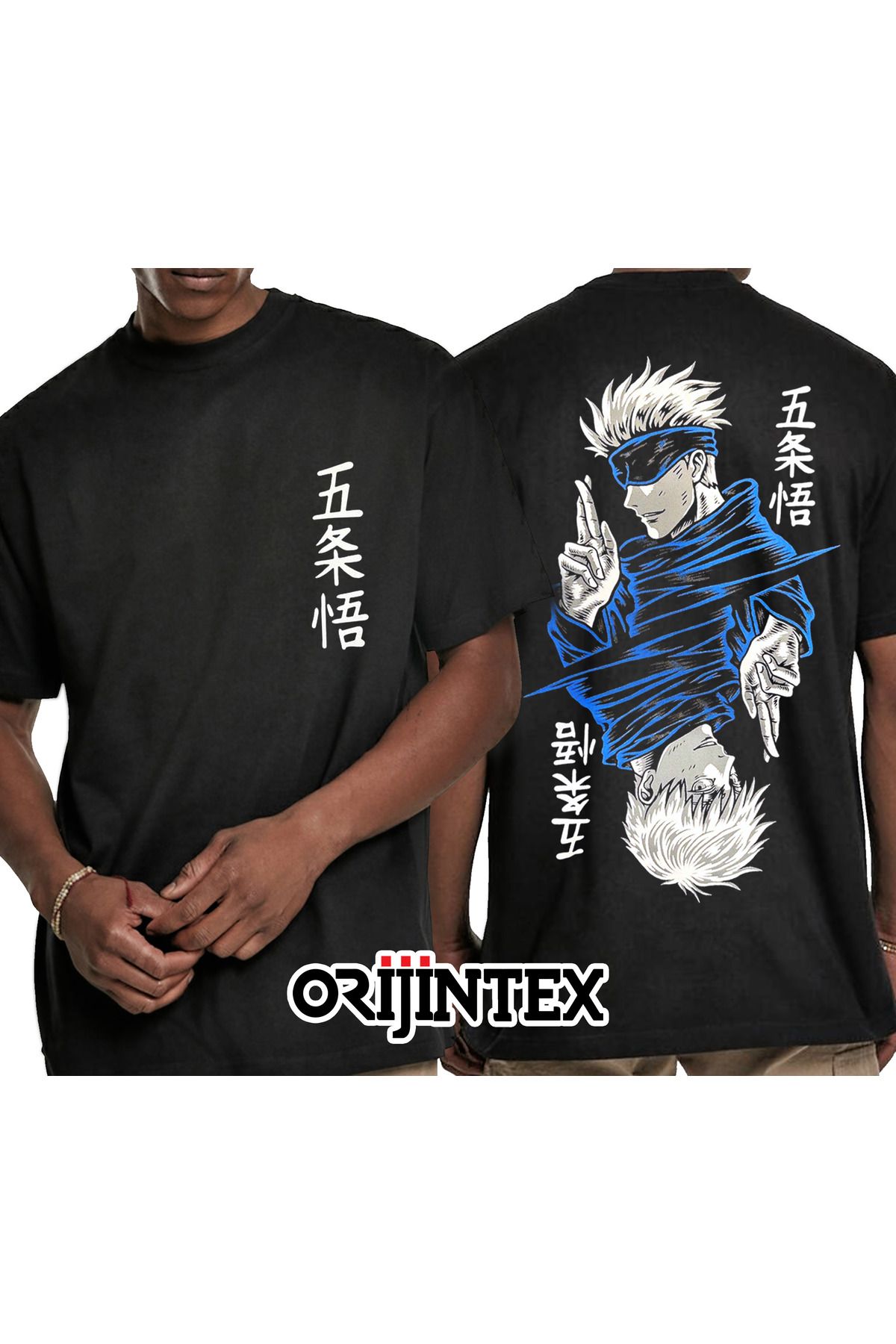orijintex Jujutsu Kaisen Gojo Satoru Reflection Ön Arka Baskılı Unisex Siyah Tshirt