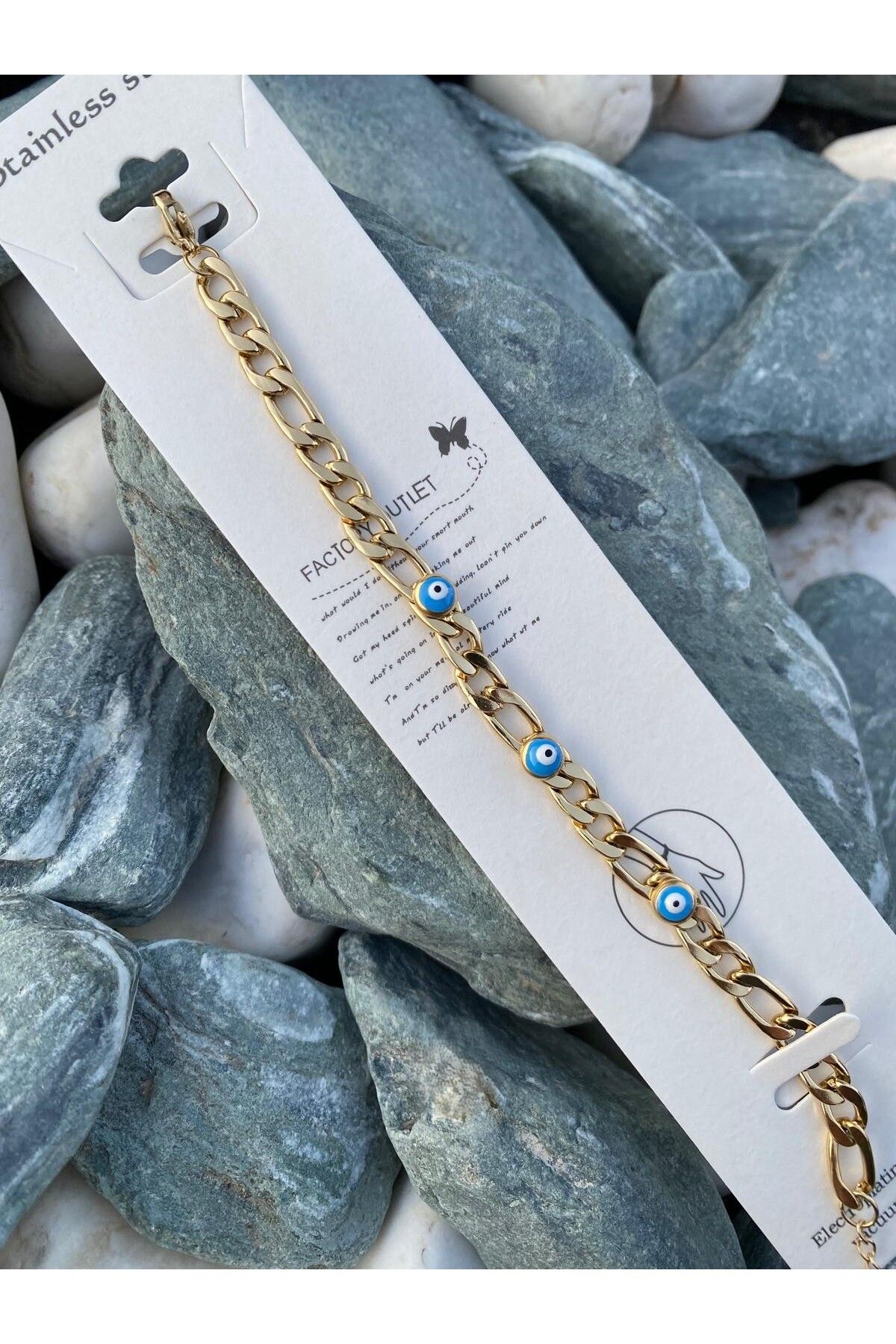 Purplefly Jewels Kadın Gold Renk Nazar Boncuklu 316L Kararmaz Kalın Zincir Çelik Bileklik PRP-Ç358