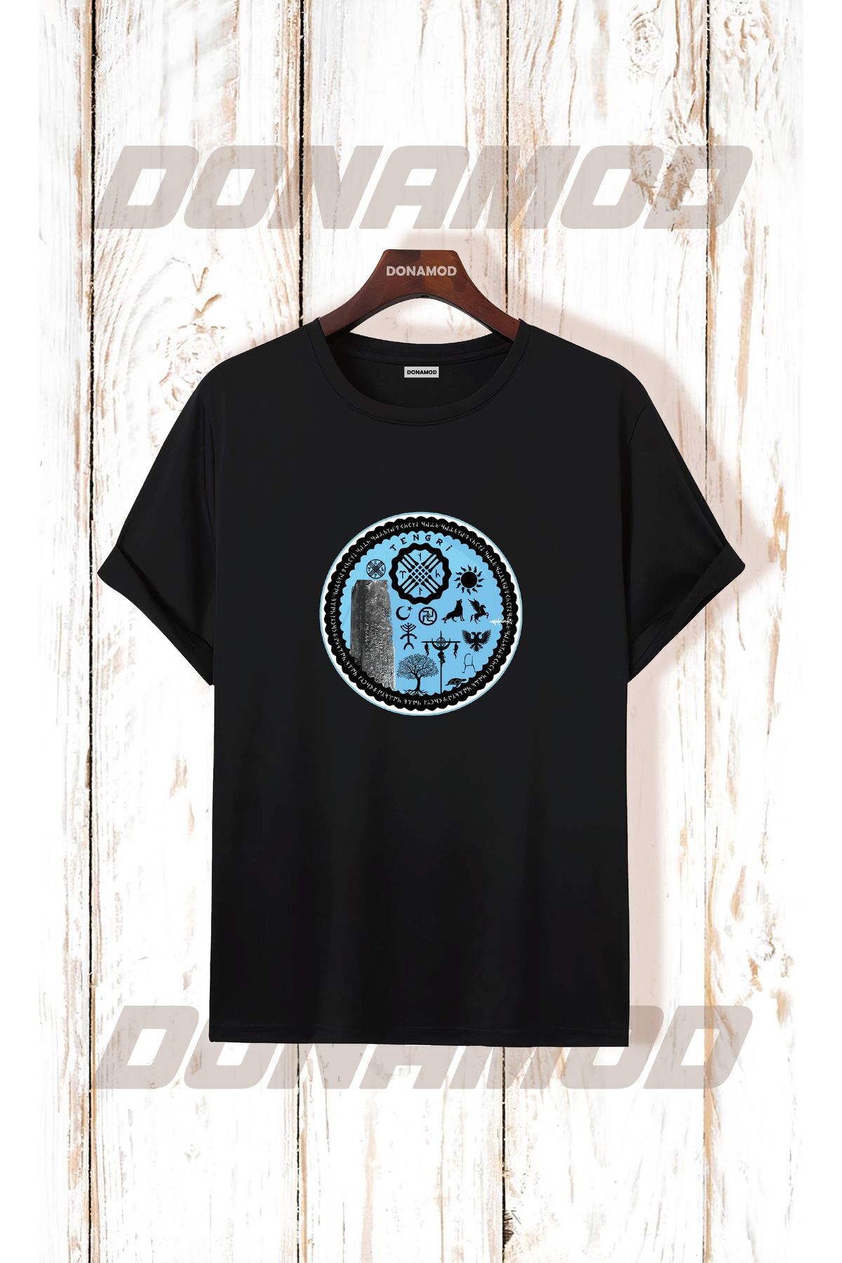 donamod Siyah Beyaz Türk Göktürkçe Alfabe Eski Türkçe Kurt Osmanlı Kökbörü Bozkurt Atatürk Tişört T shirt
