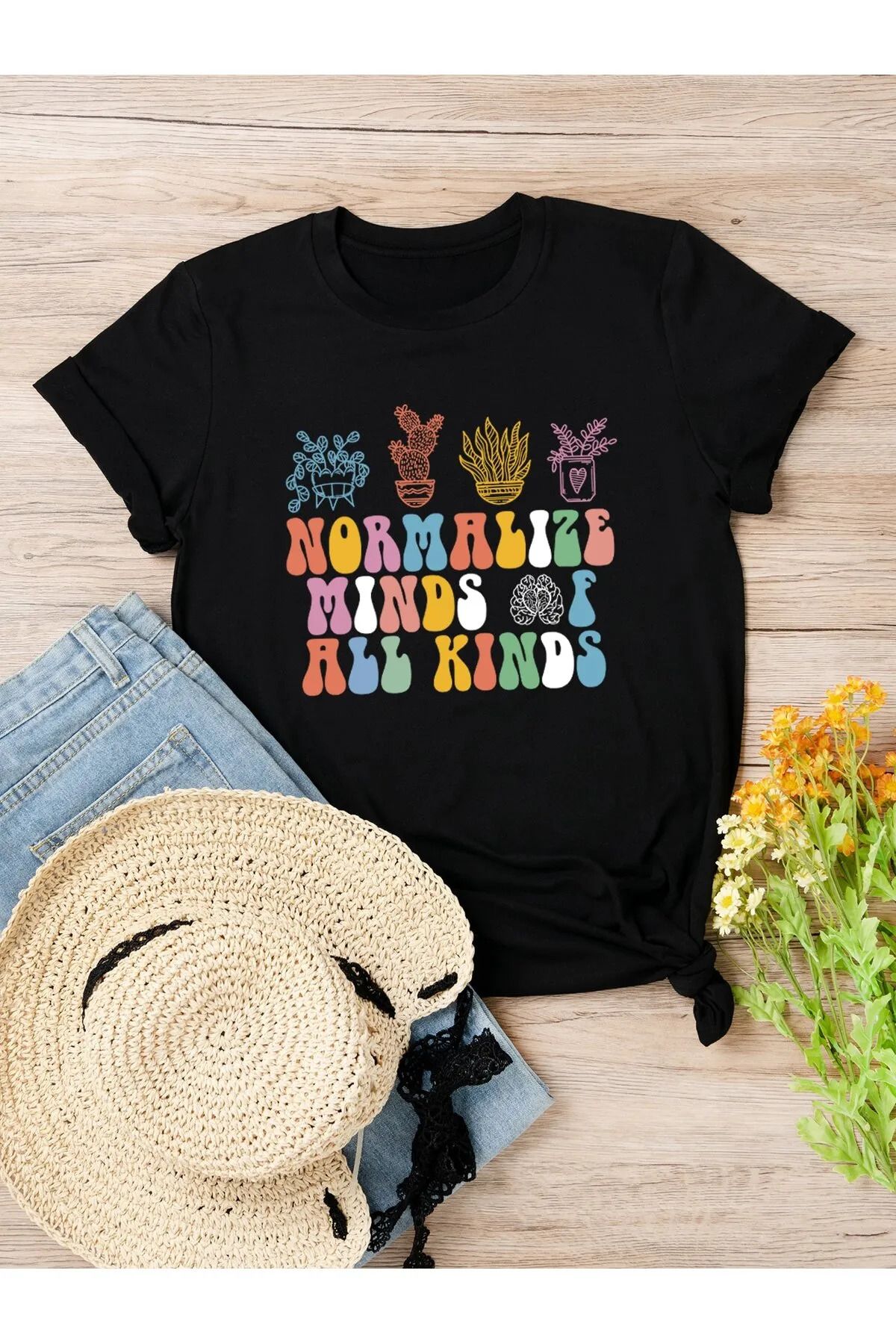ROYAL FASHİON Normalize Minds T-shirt - Siyah Oversize Baskılı Bisiklet Yaka Baskılı Kısa Kol Bol