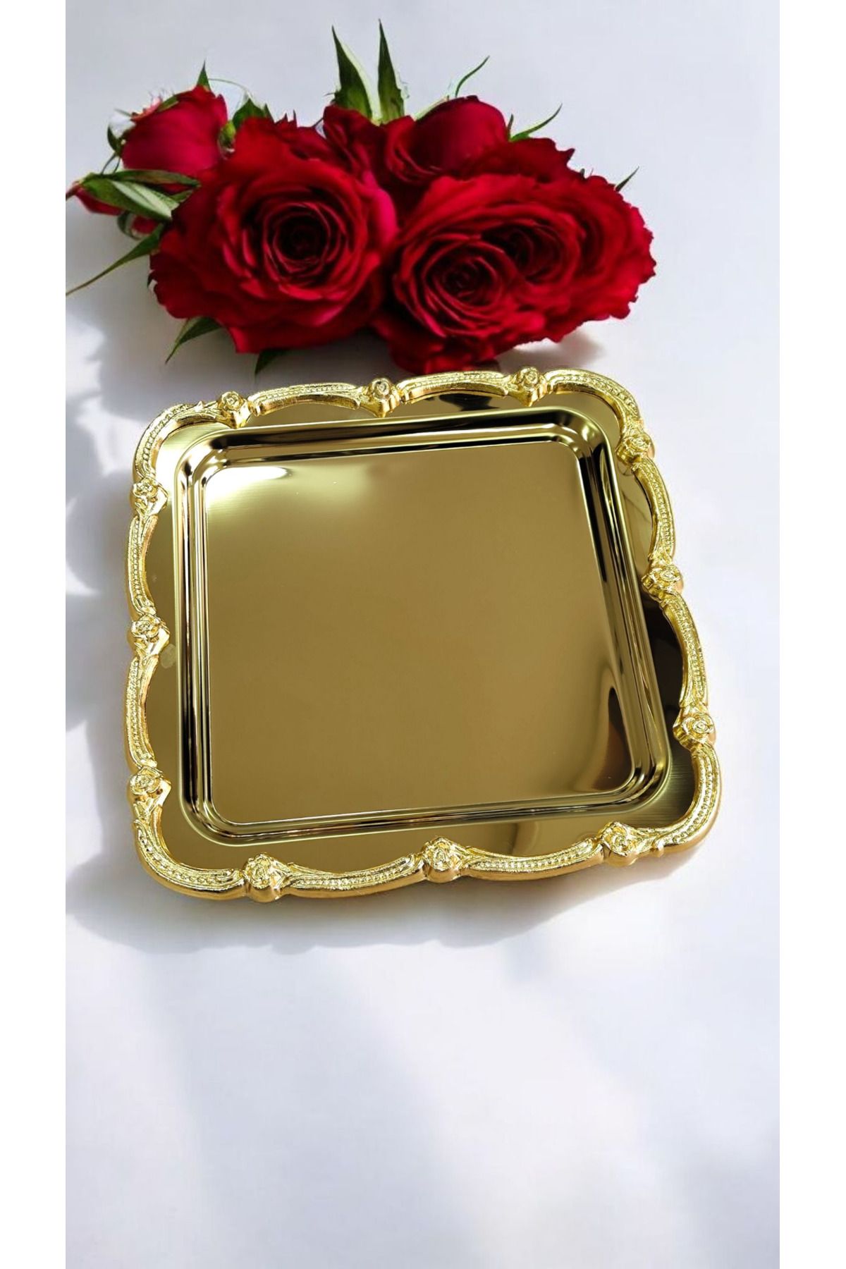 Turkco Gül Çerçeveli Lüks Sunum Nişan Tepsisi, 23x23cm, Gold Gold Model