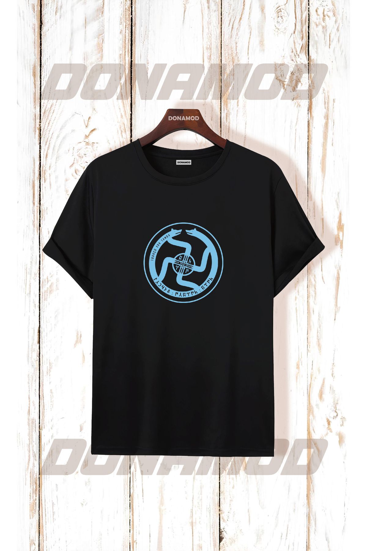 donamod Siyah Beyaz Türk Göktürkçe Alfabe Eski Türkçe Kurt Osmanlı Kökbörü Bozkurt Atatürk Tişört T shirt