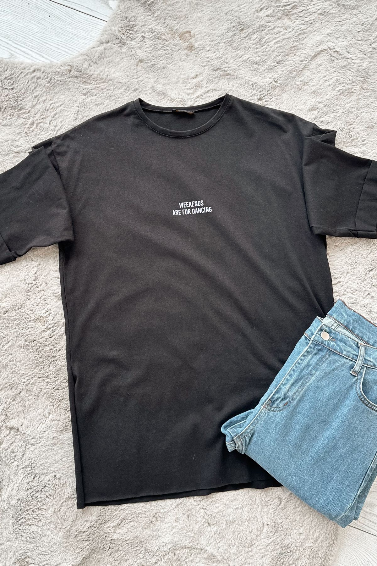 ModaAycan Weekends Baskılı Siyah T-Shirt MA12835