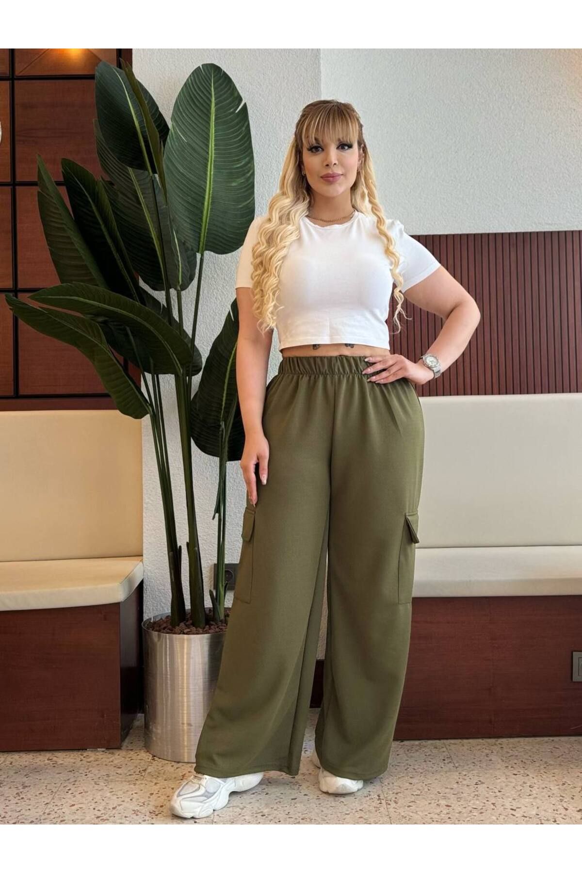 MODA KADIN BÜYÜK BEDEN CEPLİ BELİ LASTİKLİ ESNEK KARGO PANTOLON