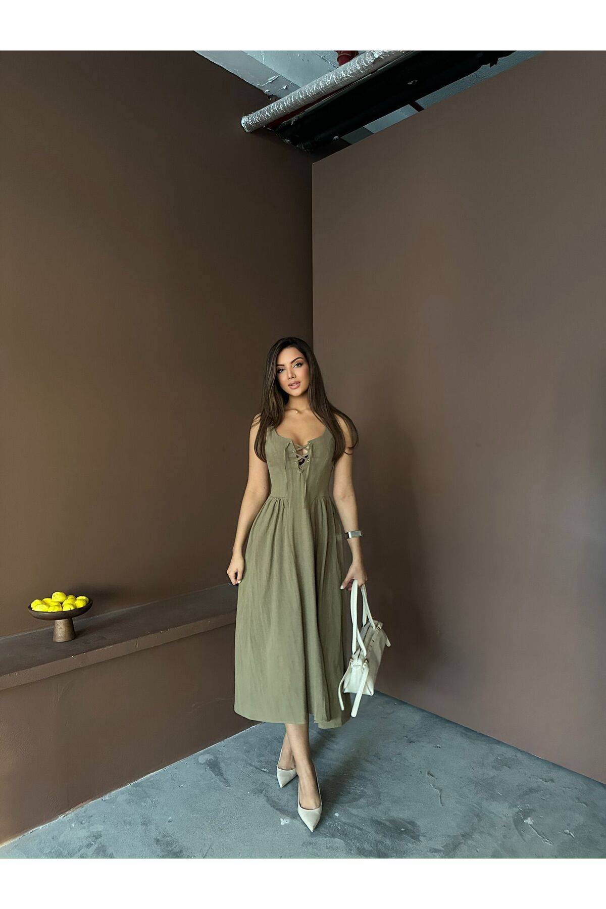 Ekim Store Keten Göğüsü Bağcıklı Askılı Elbise