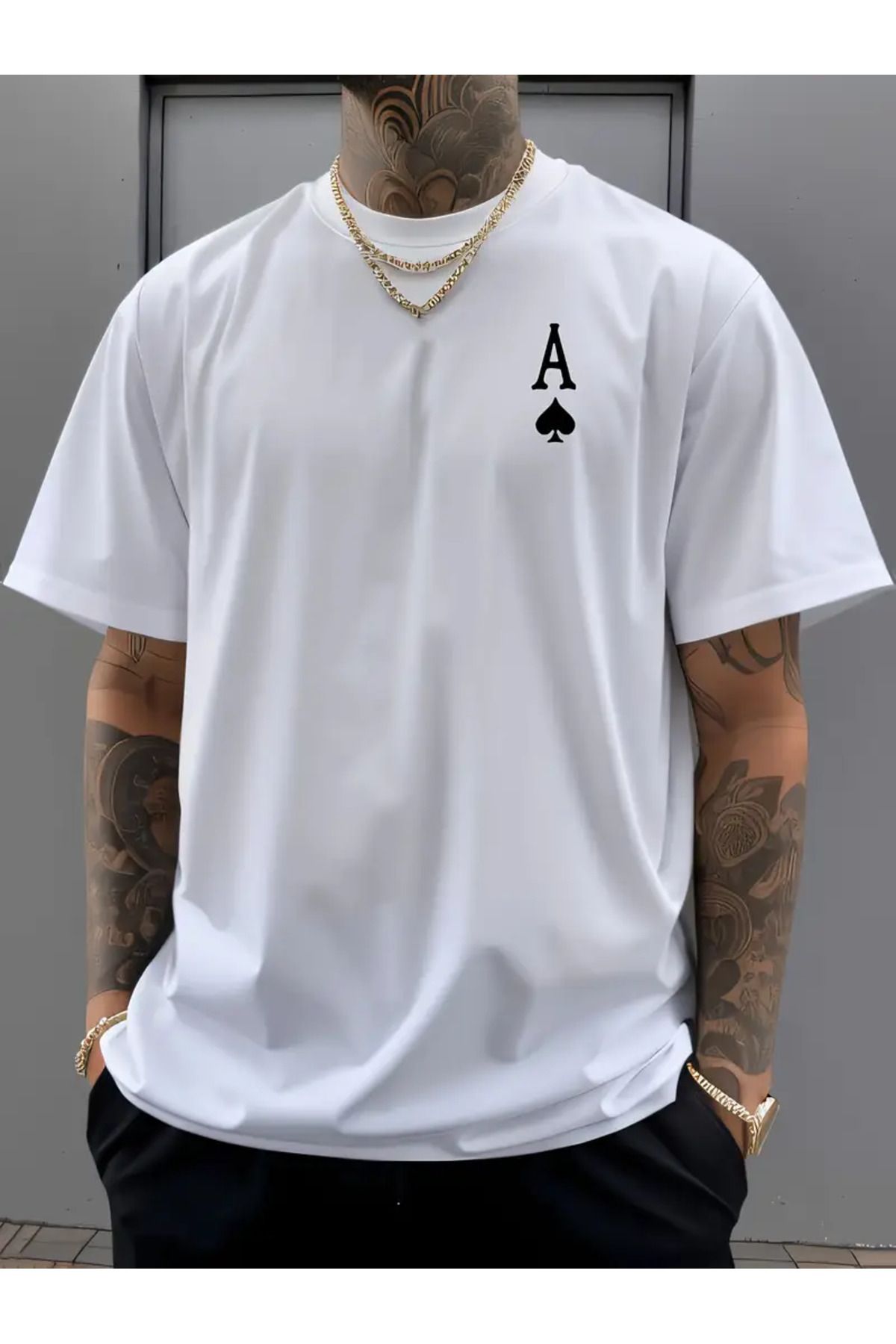 NEW TRENDY COLLECTİON Erkekler için Maça Ası Poker Baskılı Günlük Tişört