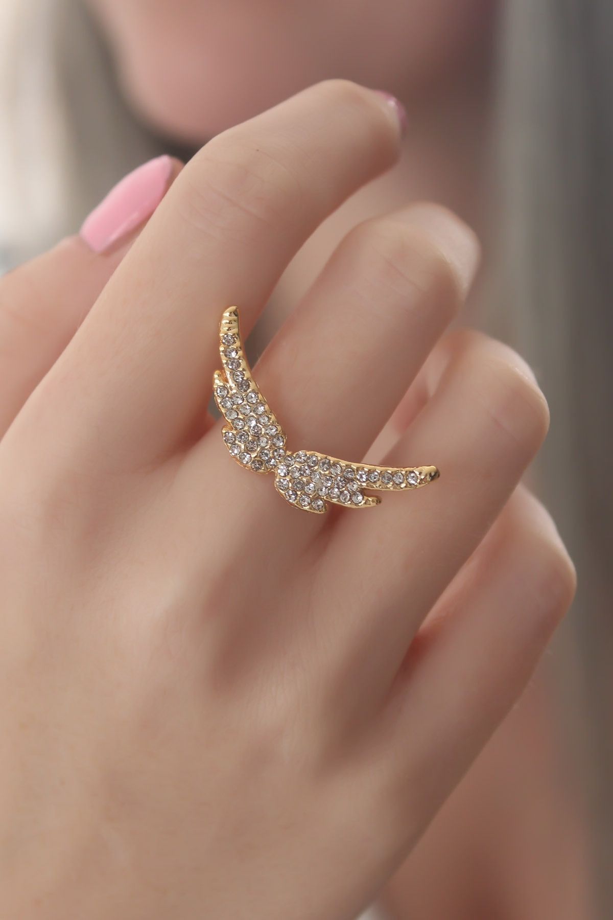 Goşenefmafe Gold Renk Kanat Model Zirkon Taşlı Kadın Yüzük