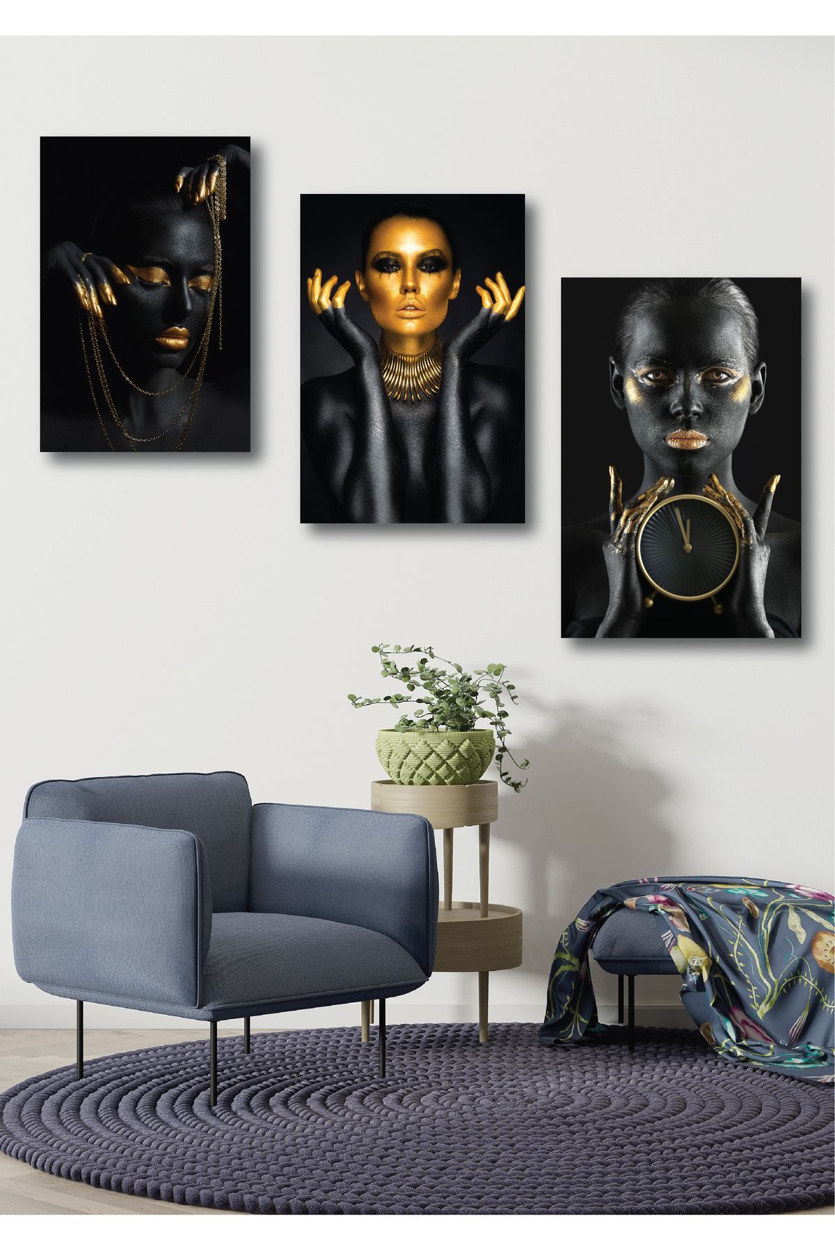 CANVASUM "Altın Kadınlar" (Golden Figures) Dekoratif 3'lü set MDF TABLO
