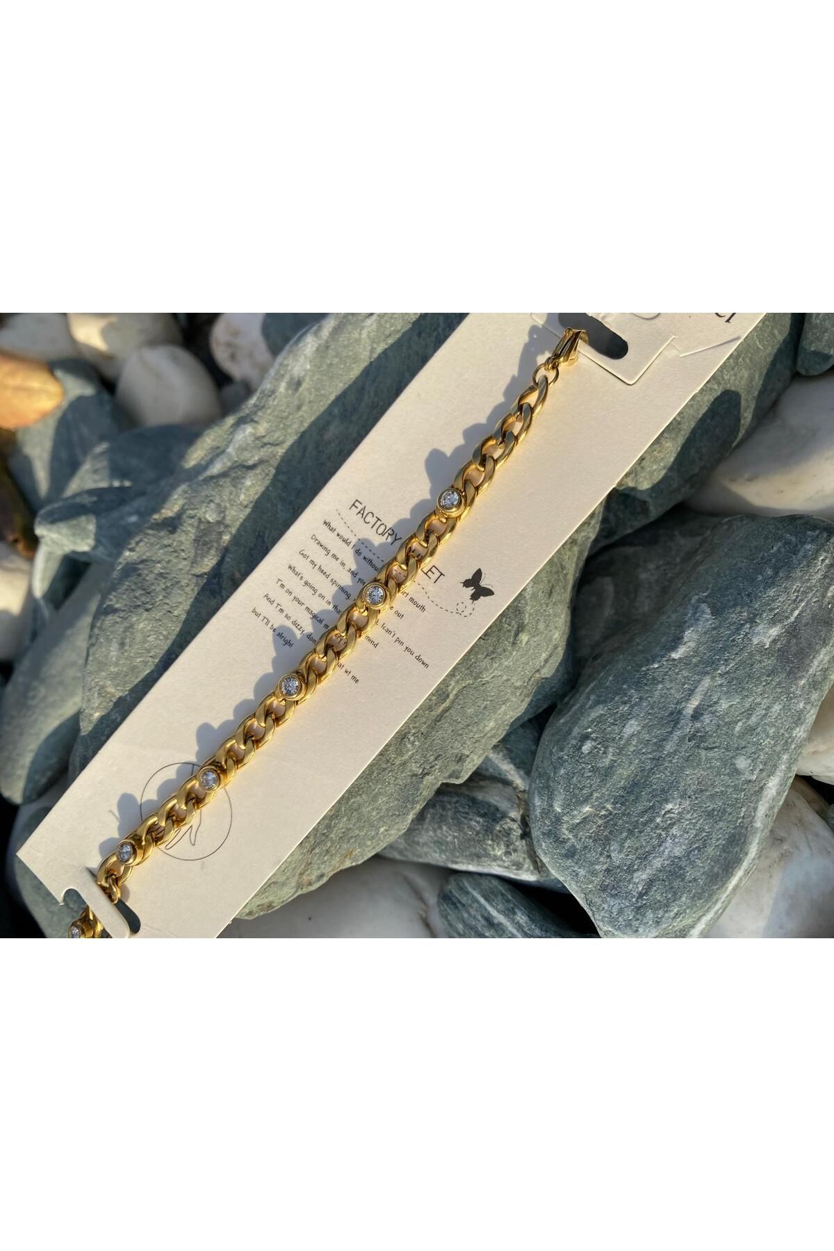 Purplefly Jewels Kadın Gold Renk Zirkon Taşlı 316L Kararmaz Kalın Zincir Çelik Bileklik PRP-Ç359