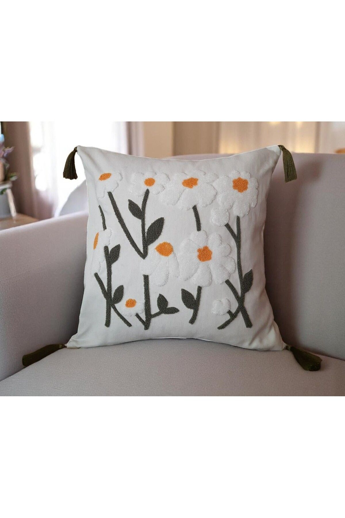 CheyİZ Home Punch Panç Kırlent Kılıfı 40x40 cm Tekli Püsküllü