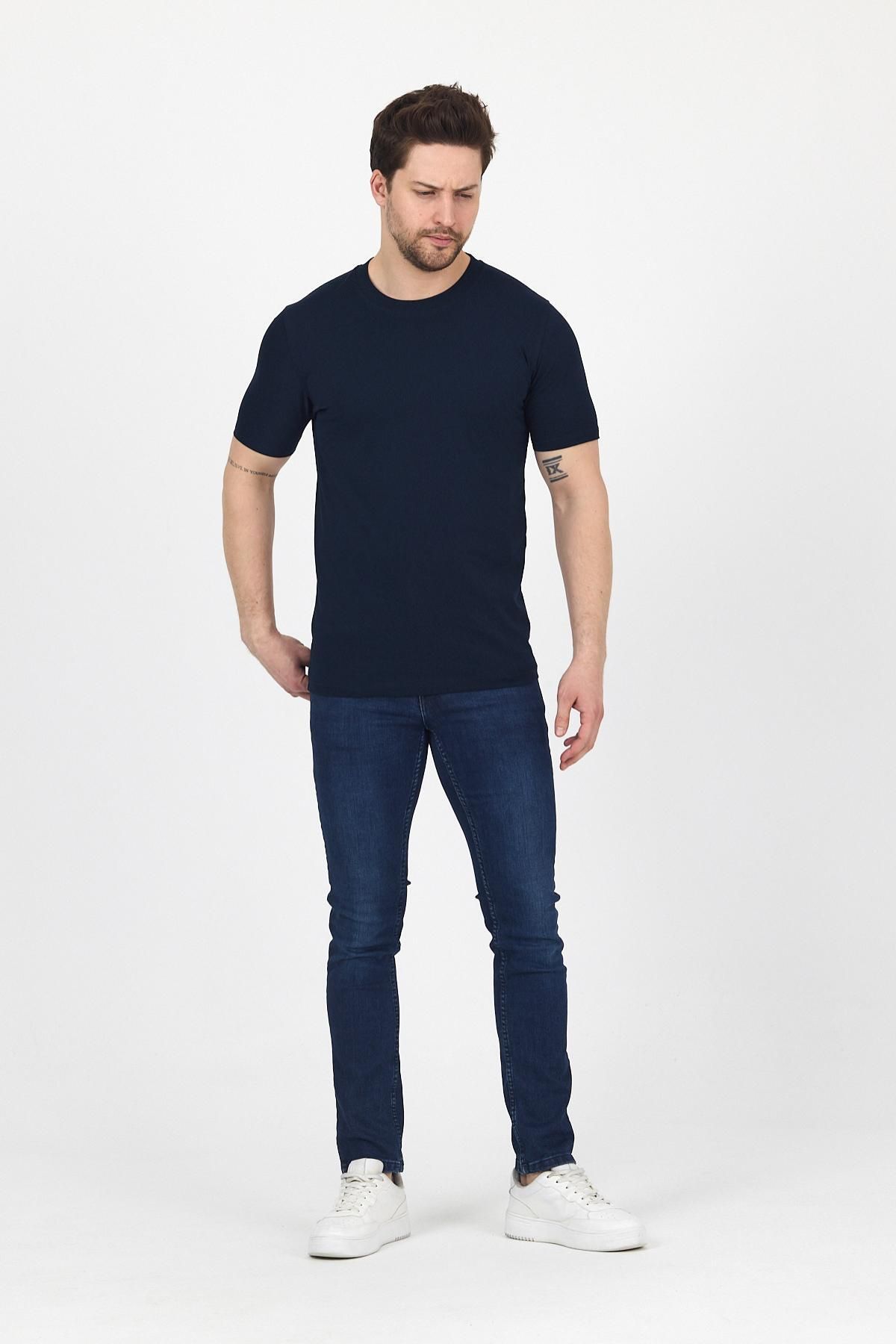 DAMGA JEANS Erkek Bisiklet Yaka Kısa Kollu Dar Yazlık Lacivert Basic Tişört