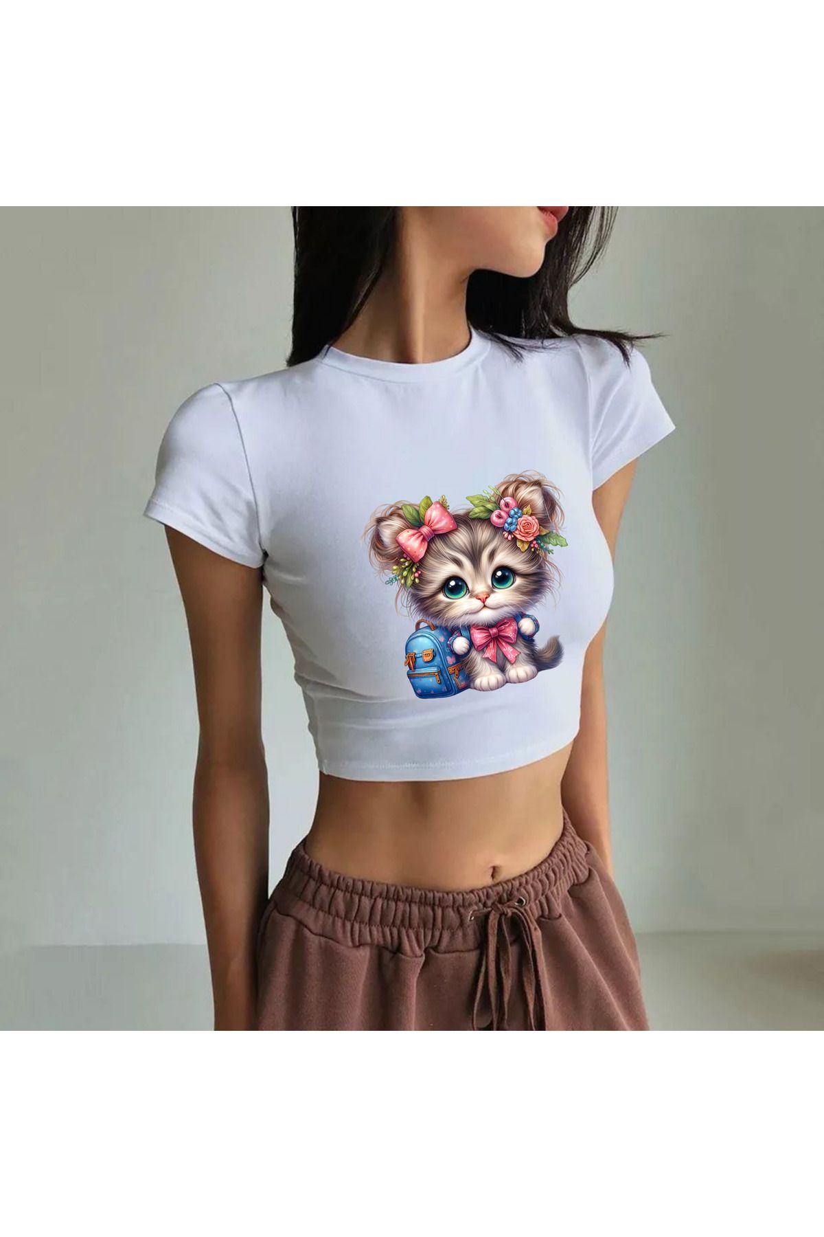JadenJoy Topuzlu Kedicik Desenli Beyaz Crop