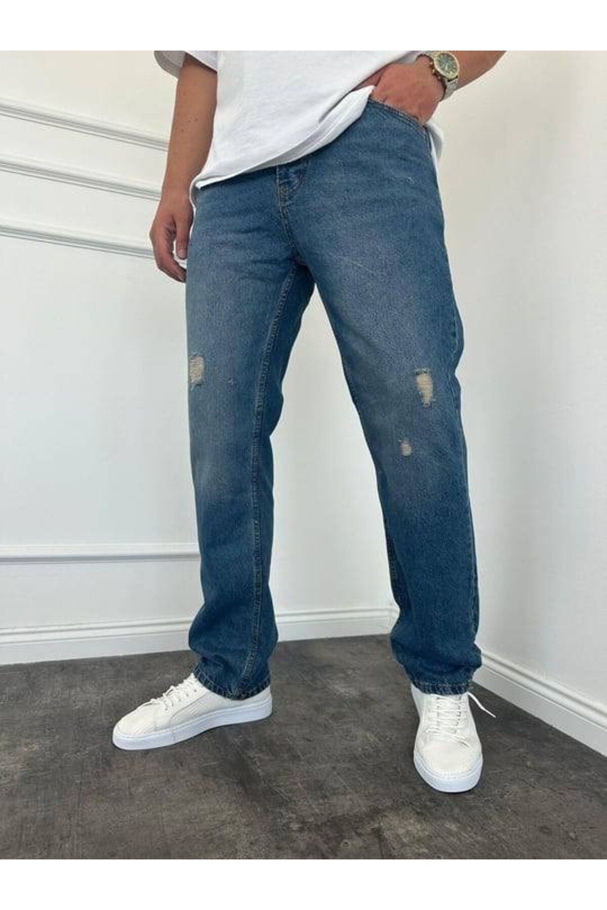 Casualmen32 Yırtık Detay Koyu Mavi Baggy Jean
