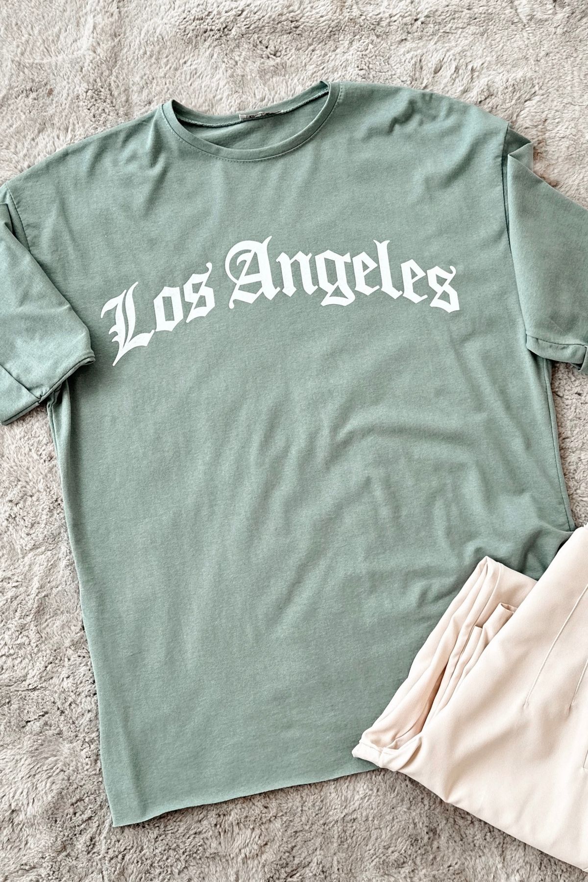 ModaAycan Los Angeles Baskılı Mint Yeşili T-Shirt MA12834